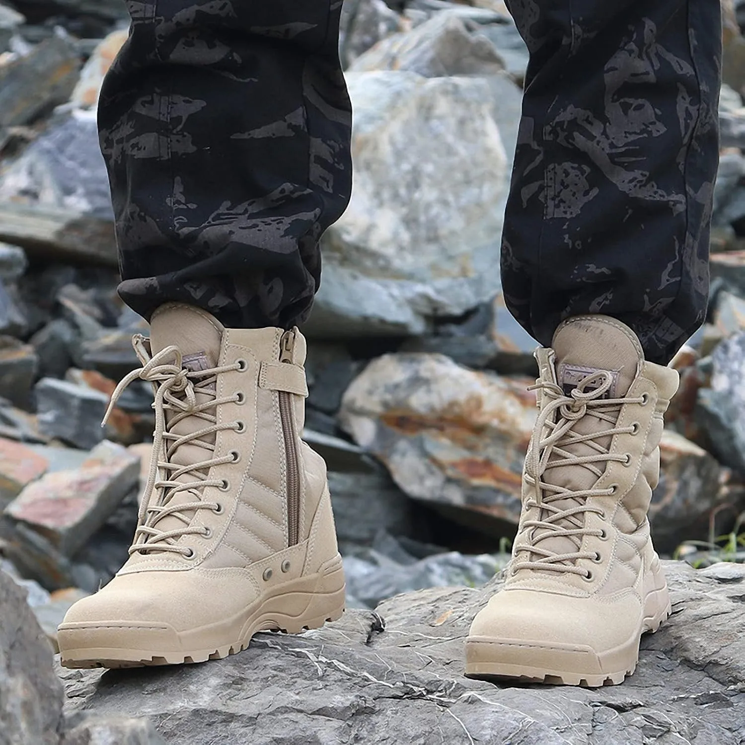 Mens Military Combat Tactical Army Infantry Boots Breathable Round Toe Side Zipper Waterproof Leather Lace-up Shoes for Backpacking Outdoor Hiking Camping Climbing Trekking Hunting Walking Footwear