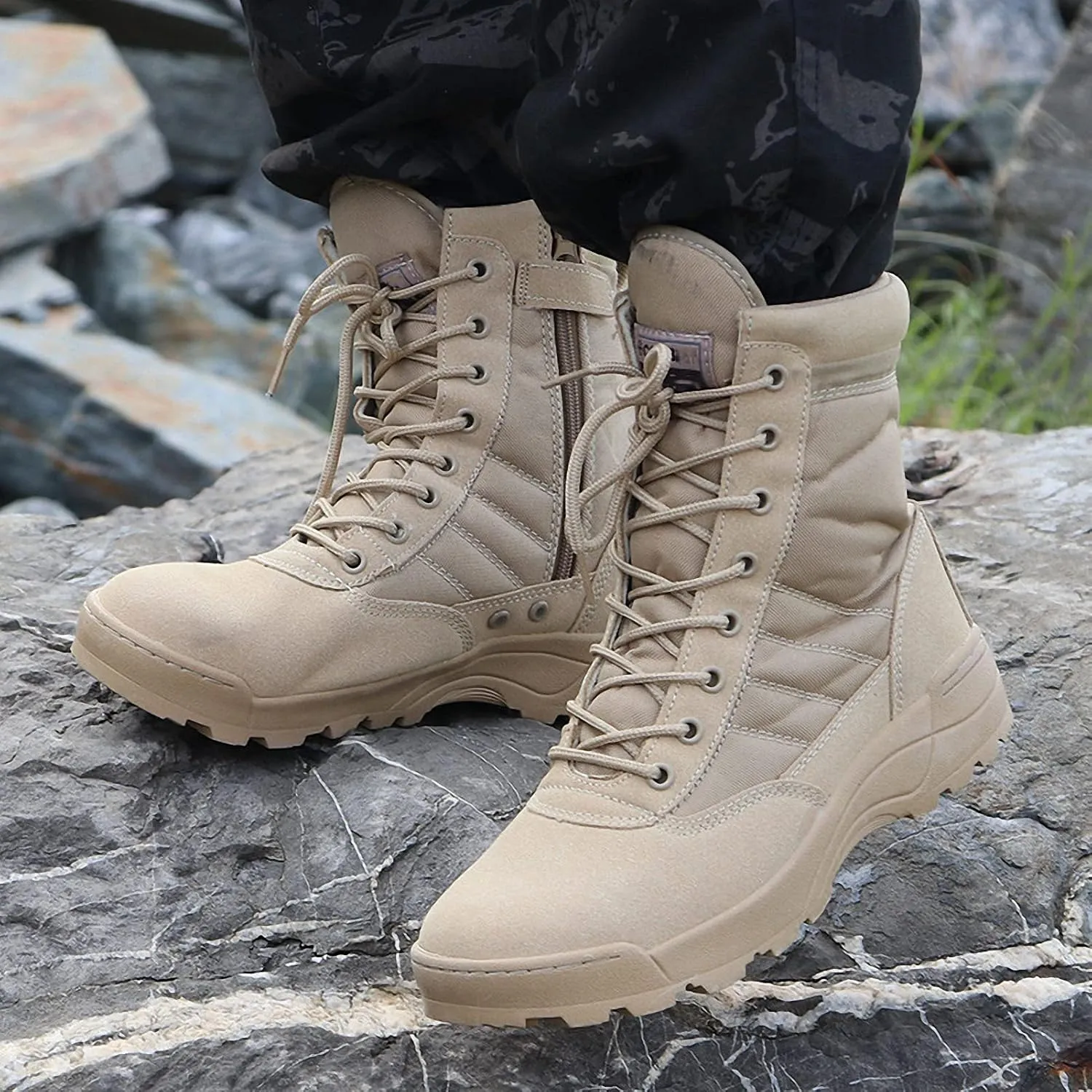 Mens Military Combat Tactical Army Infantry Boots Breathable Round Toe Side Zipper Waterproof Leather Lace-up Shoes for Backpacking Outdoor Hiking Camping Climbing Trekking Hunting Walking Footwear