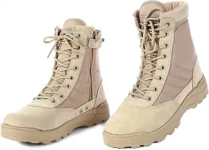 Mens Military Combat Tactical Army Infantry Boots Breathable Round Toe Side Zipper Waterproof Leather Lace-up Shoes for Backpacking Outdoor Hiking Camping Climbing Trekking Hunting Walking Footwear
