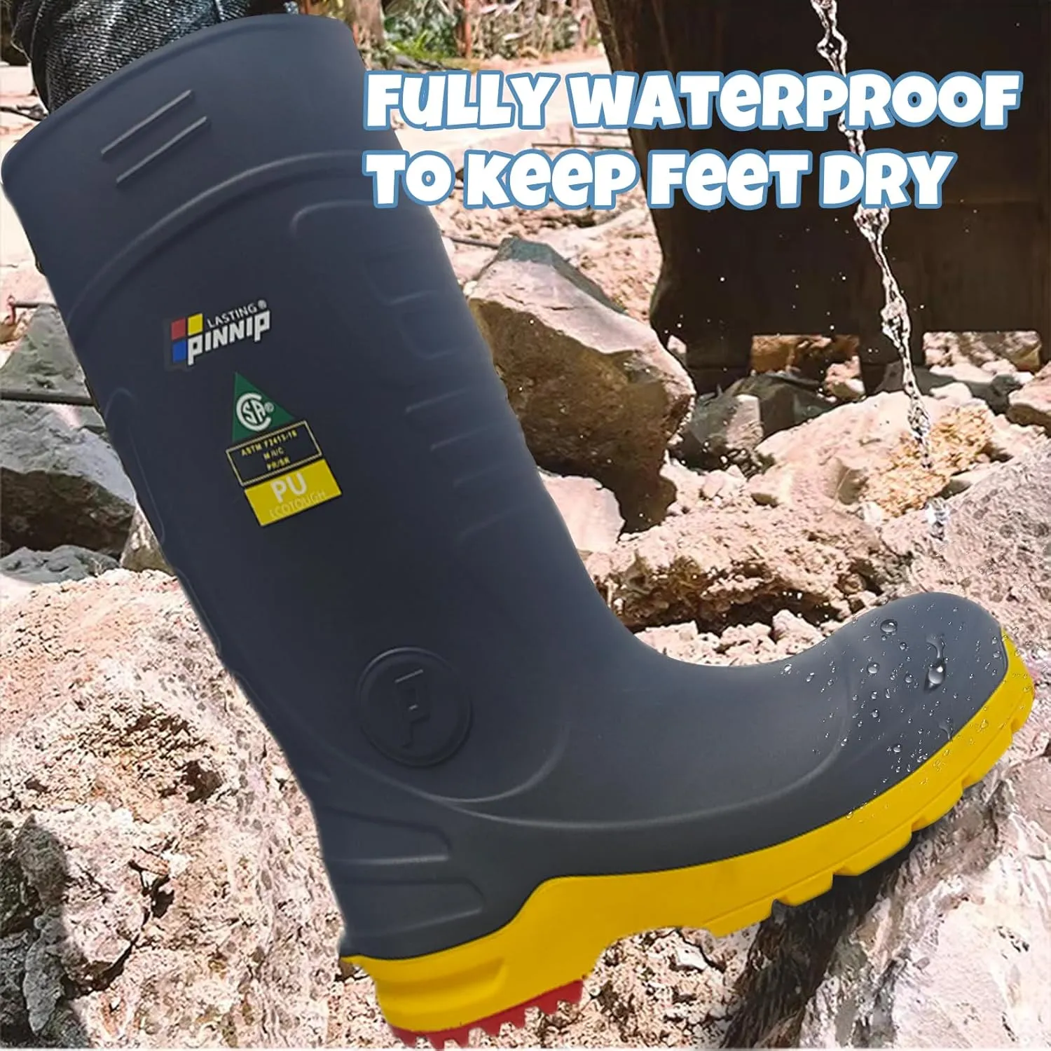 Mens PU Rubber Work Boots With Steel Toe & Shank - Waterproof Anti-slip Mud Rain Boots Hunting Boots ASTM F2413-18 Acid & Oil Resistant