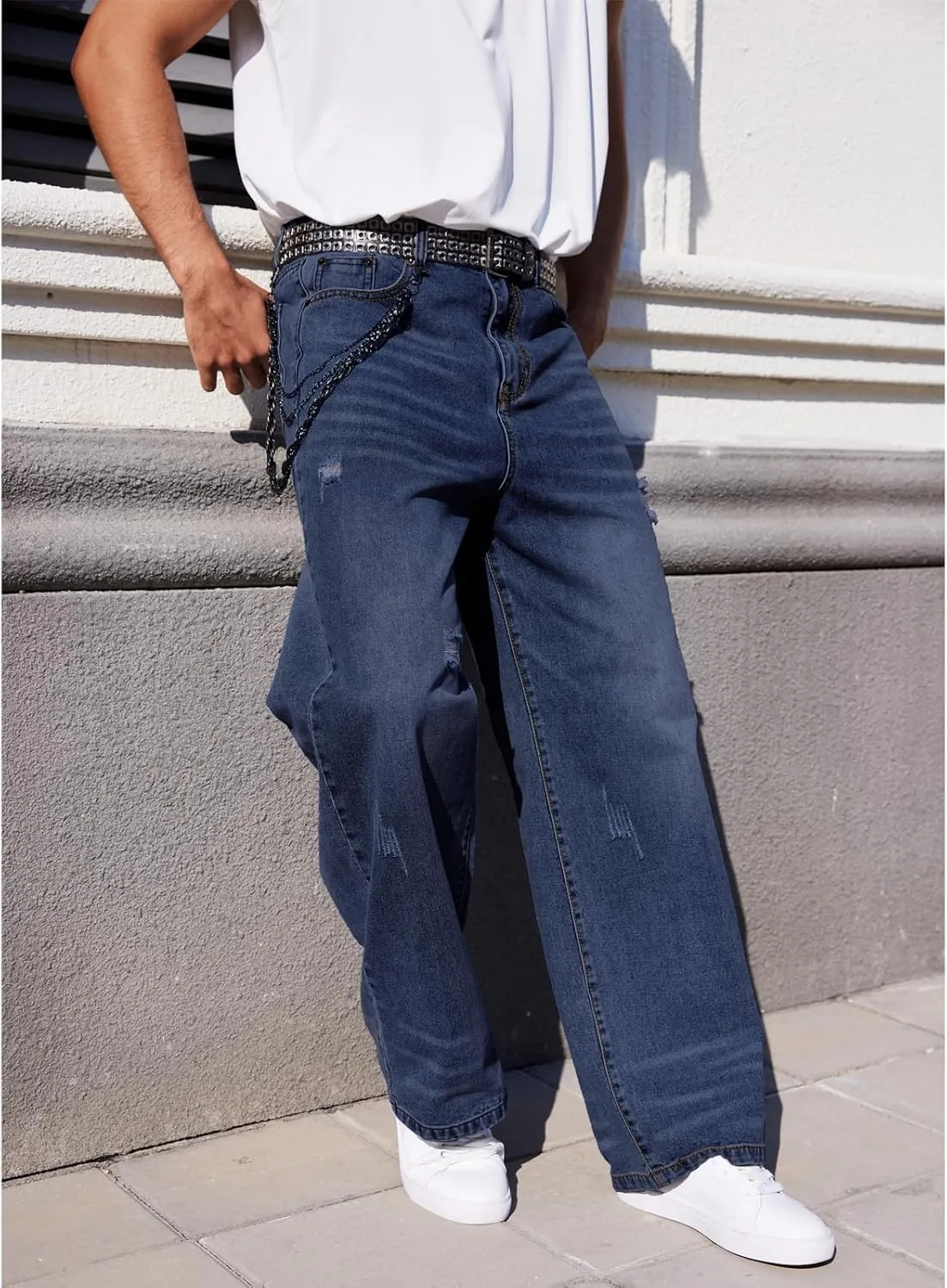 Men's Ripped Baggy Jeans Hip Hop Loose Fit Distressed Wide Leg Denim Pants Streetwear