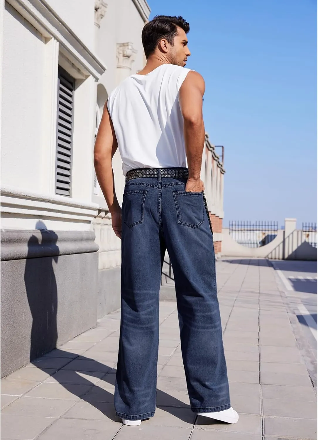 Men's Ripped Baggy Jeans Hip Hop Loose Fit Distressed Wide Leg Denim Pants Streetwear