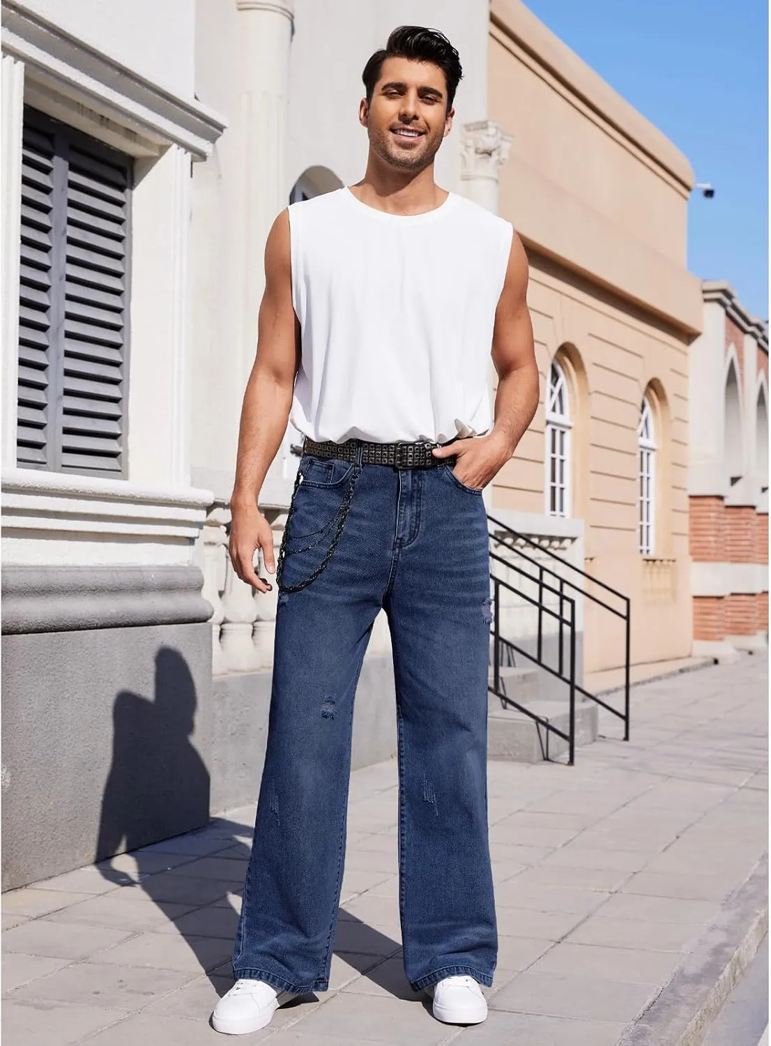 Men's Ripped Baggy Jeans Hip Hop Loose Fit Distressed Wide Leg Denim Pants Streetwear