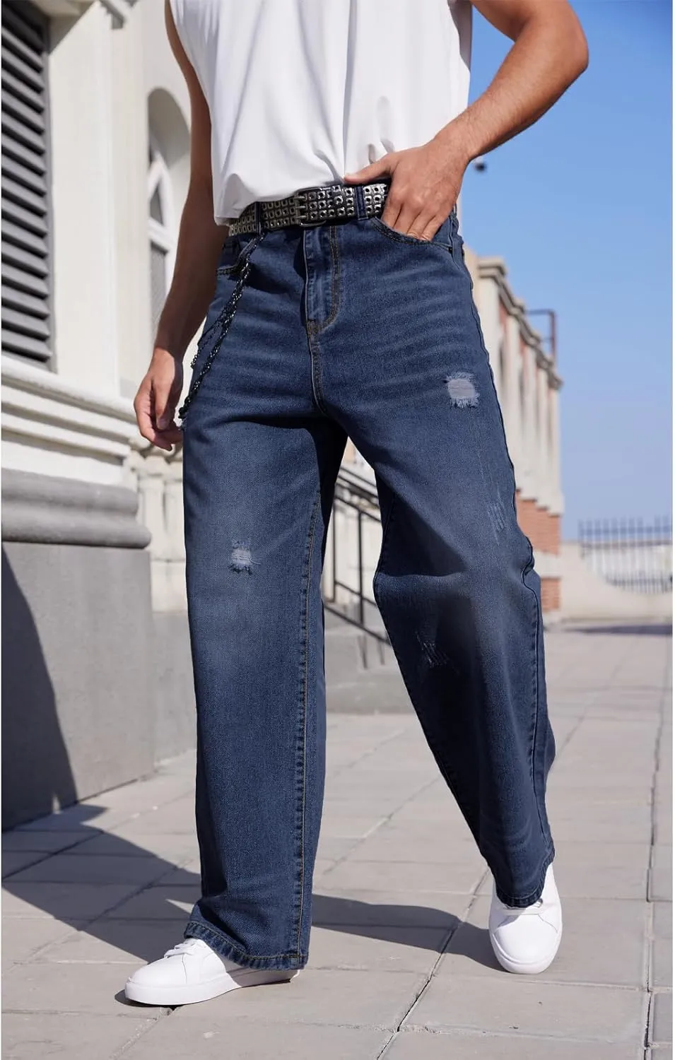 Men's Ripped Baggy Jeans Hip Hop Loose Fit Distressed Wide Leg Denim Pants Streetwear