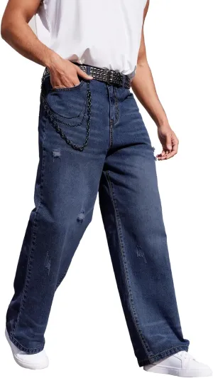 Men's Ripped Baggy Jeans Hip Hop Loose Fit Distressed Wide Leg Denim Pants Streetwear