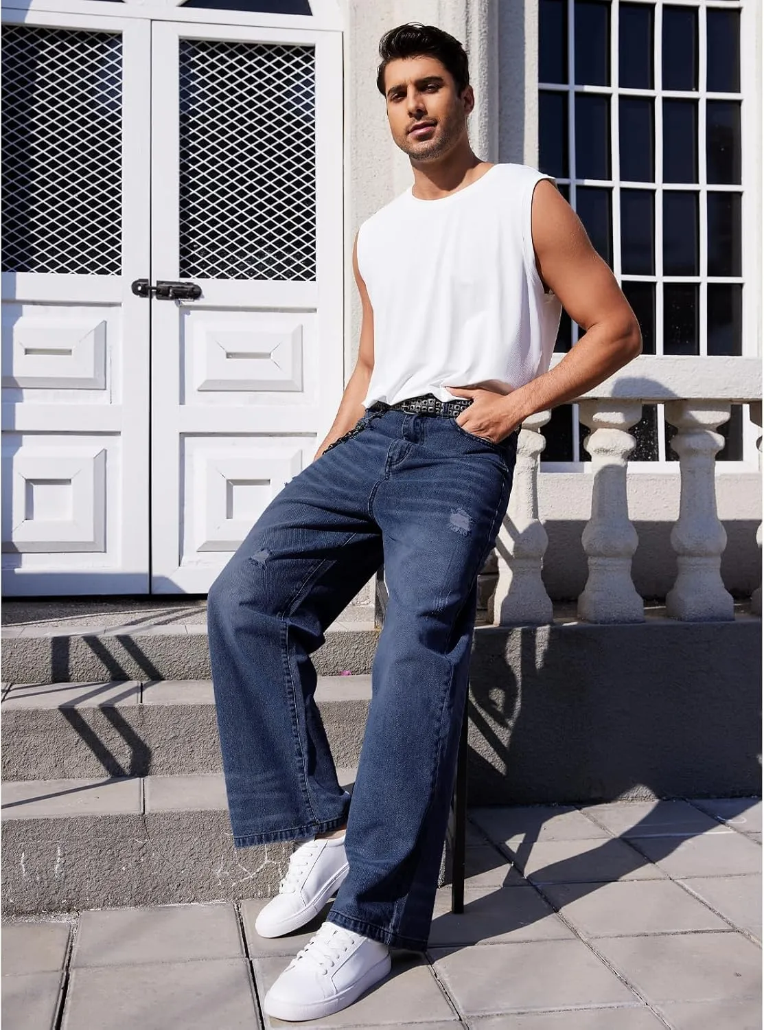 Men's Ripped Baggy Jeans Hip Hop Loose Fit Distressed Wide Leg Denim Pants Streetwear