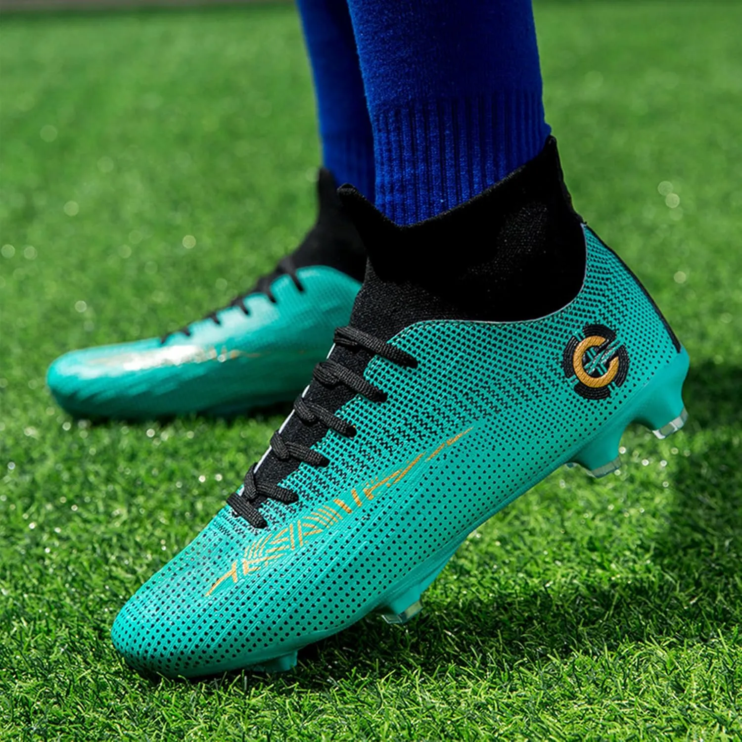 Men's Soccer Cleats Football Shoes with Non-Slip Spikes High-Tops Lace-Up Ankle Support Outdoor Firm Ground Turf Baseball Lacrosse Combat Boots