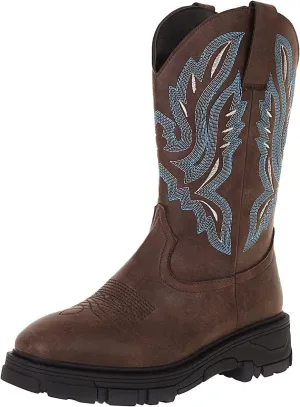 Mens Square Toe Cowboy Boots Embroidered Slip On Work Boots For Men Leather Wide Calf Men's Western Boots