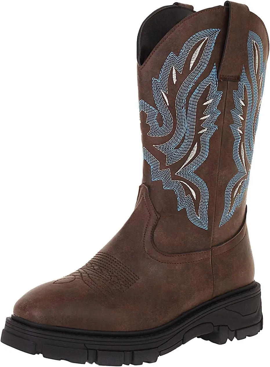 Mens Square Toe Cowboy Boots Embroidered Slip On Work Boots For Men Leather Wide Calf Men's Western Boots