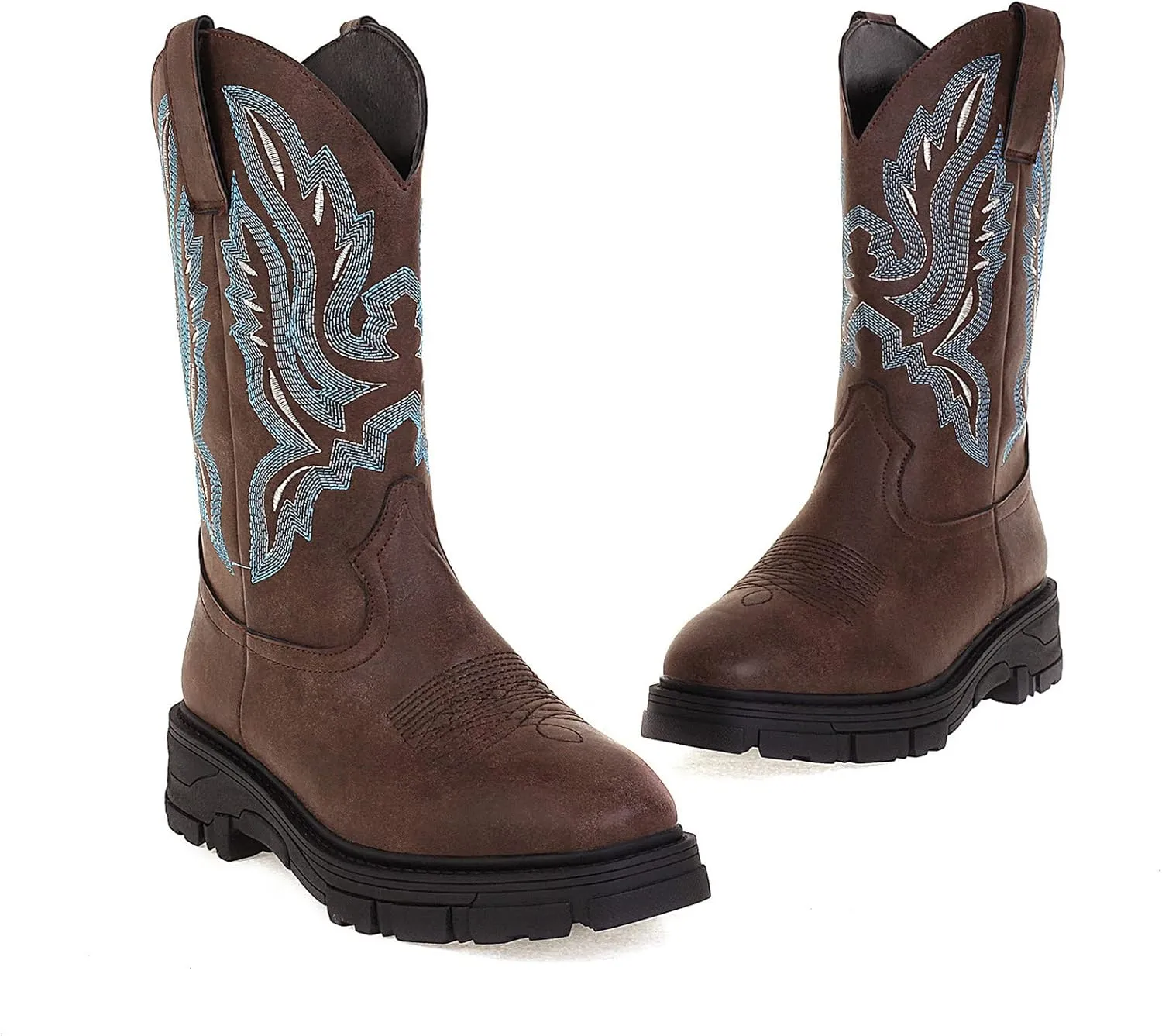 Mens Square Toe Cowboy Boots Embroidered Slip On Work Boots For Men Leather Wide Calf Men's Western Boots