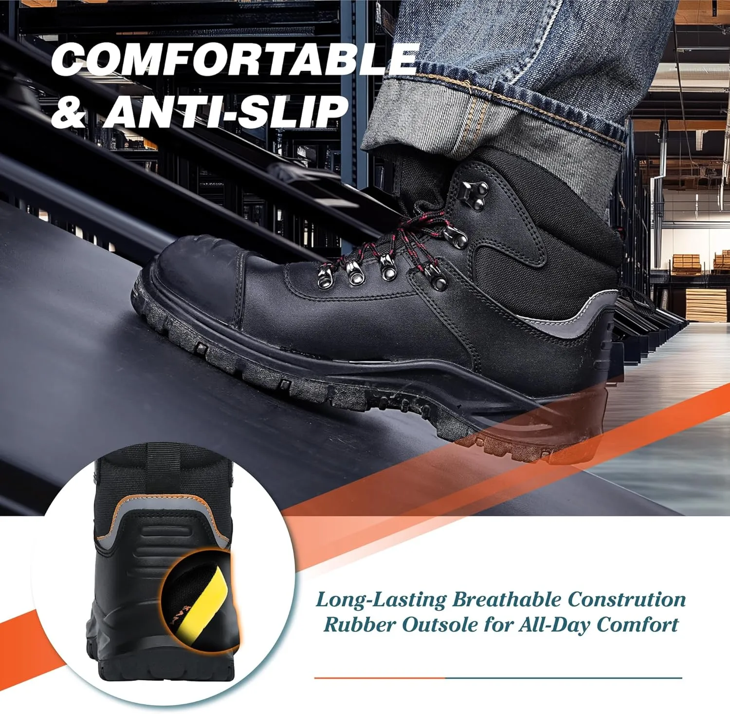 Mens Steel Toe Work Boots, Waterproof Puncture Resistant, Anti-Slip, Shock-Absorbing, Comfortable Heavy Duty Durable Leather Industrial Construction Safety Boots