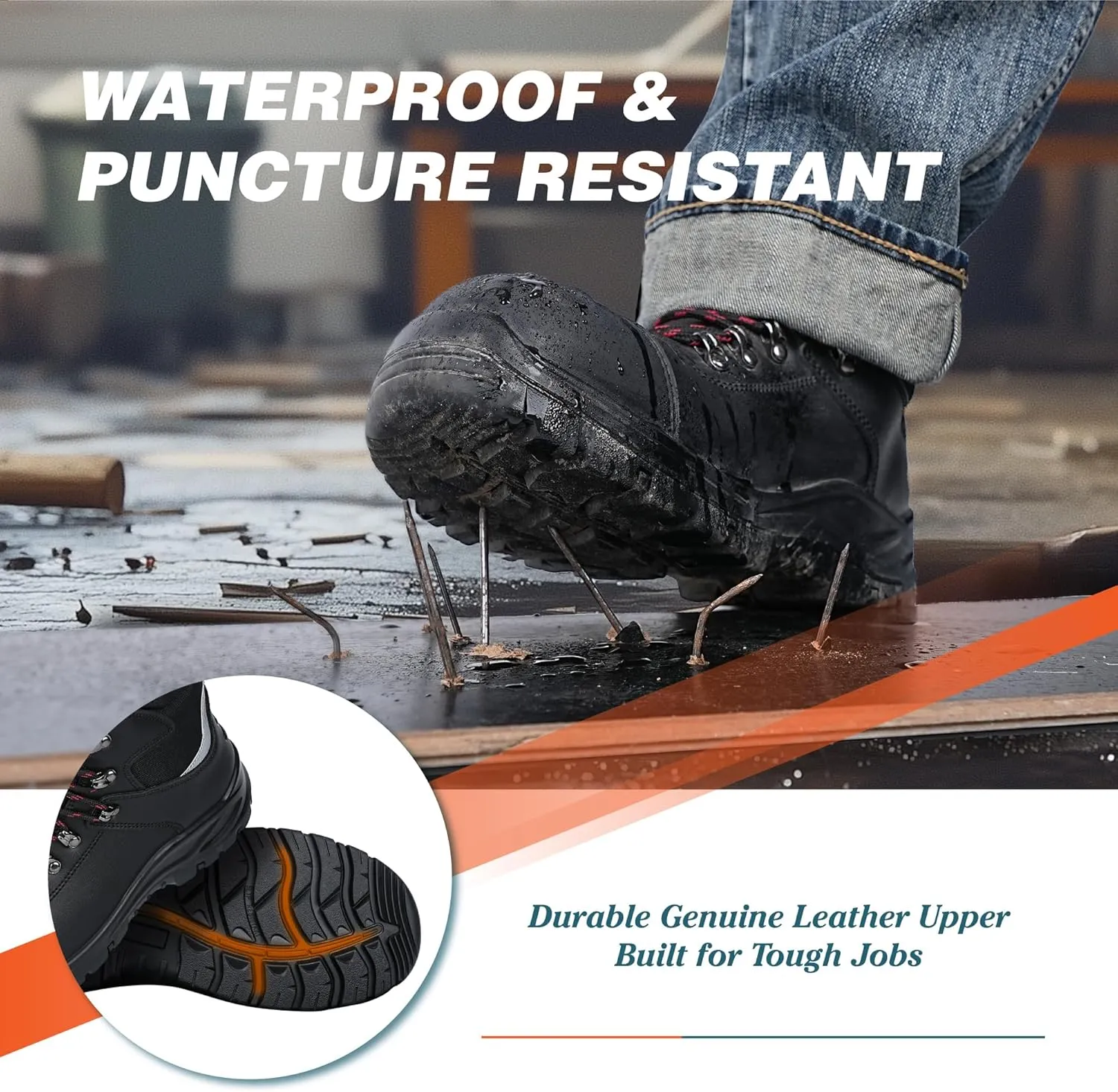 Mens Steel Toe Work Boots, Waterproof Puncture Resistant, Anti-Slip, Shock-Absorbing, Comfortable Heavy Duty Durable Leather Industrial Construction Safety Boots