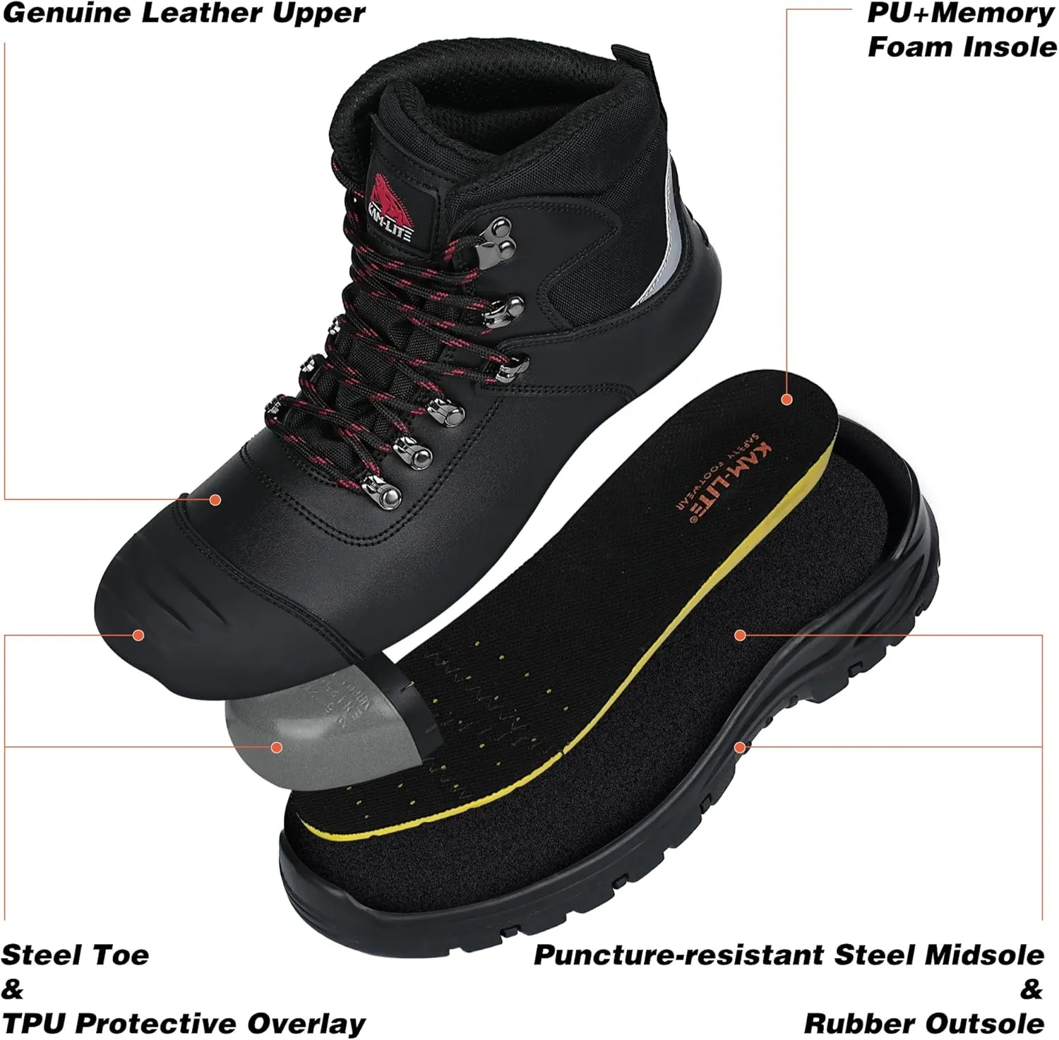 Mens Steel Toe Work Boots, Waterproof Puncture Resistant, Anti-Slip, Shock-Absorbing, Comfortable Heavy Duty Durable Leather Industrial Construction Safety Boots