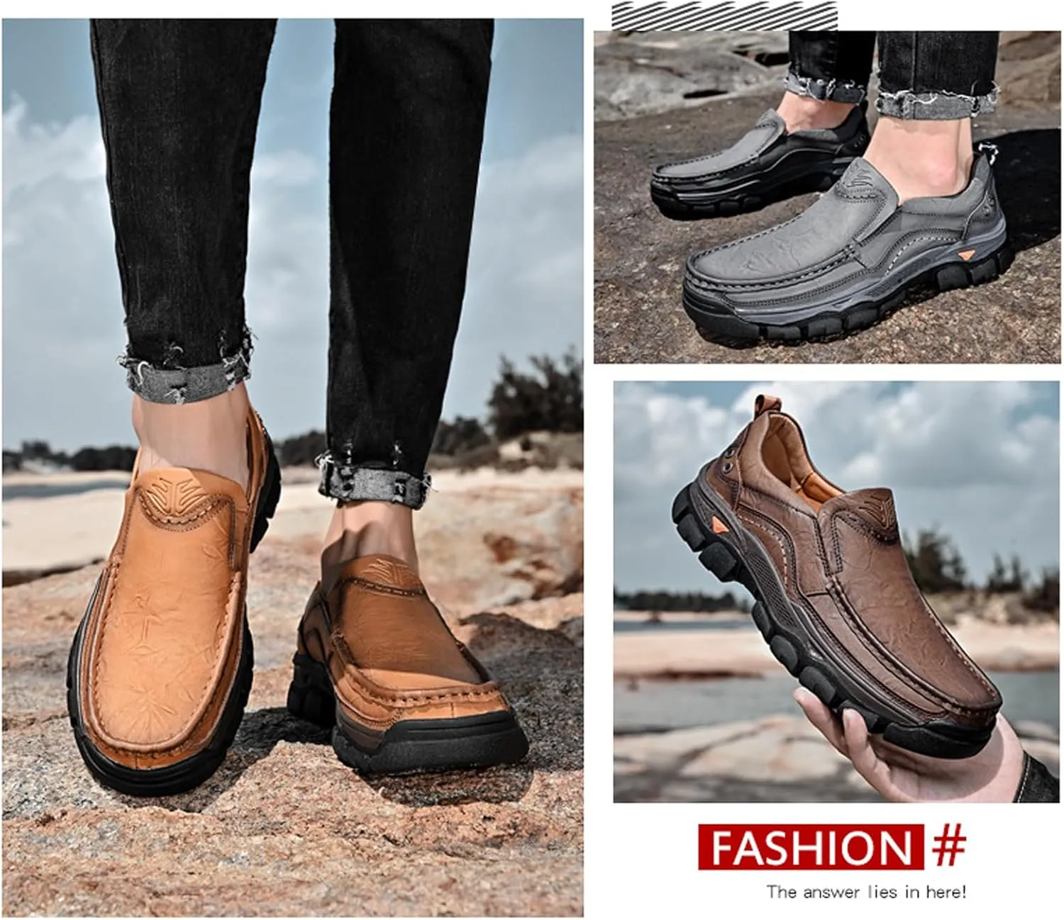 Men's Thick Bottom Slip on Leather Loafer,Hand Stitching Comfort Anti Slip Moccasins Casual Walking Shoes Outdoor Hiking Driving Work Office Dress Men Classic Leisure Sneakers