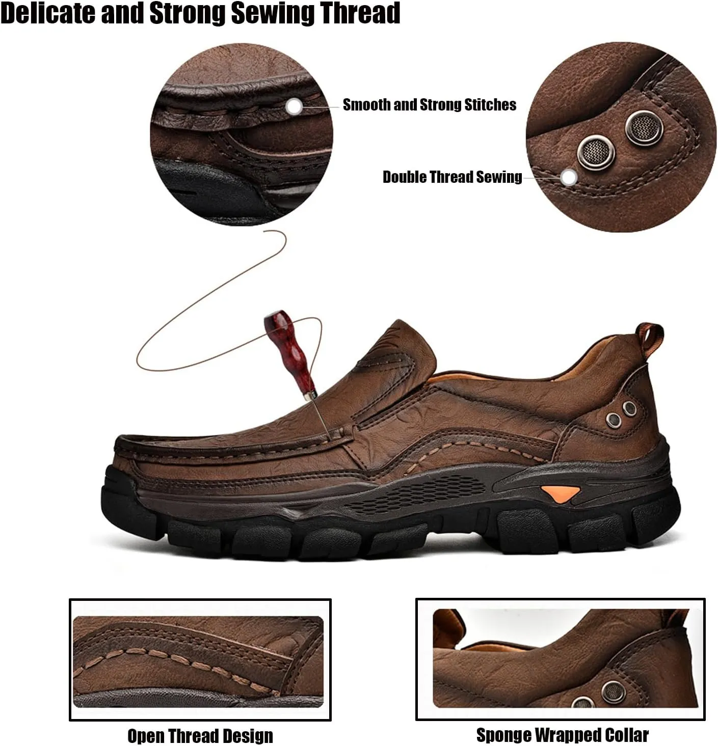 Men's Thick Bottom Slip on Leather Loafer,Hand Stitching Comfort Anti Slip Moccasins Casual Walking Shoes Outdoor Hiking Driving Work Office Dress Men Classic Leisure Sneakers