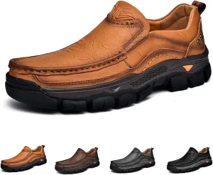 Men's Thick Bottom Slip on Leather Loafer,Hand Stitching Comfort Anti Slip Moccasins Casual Walking Shoes Outdoor Hiking Driving Work Office Dress Men Classic Leisure Sneakers