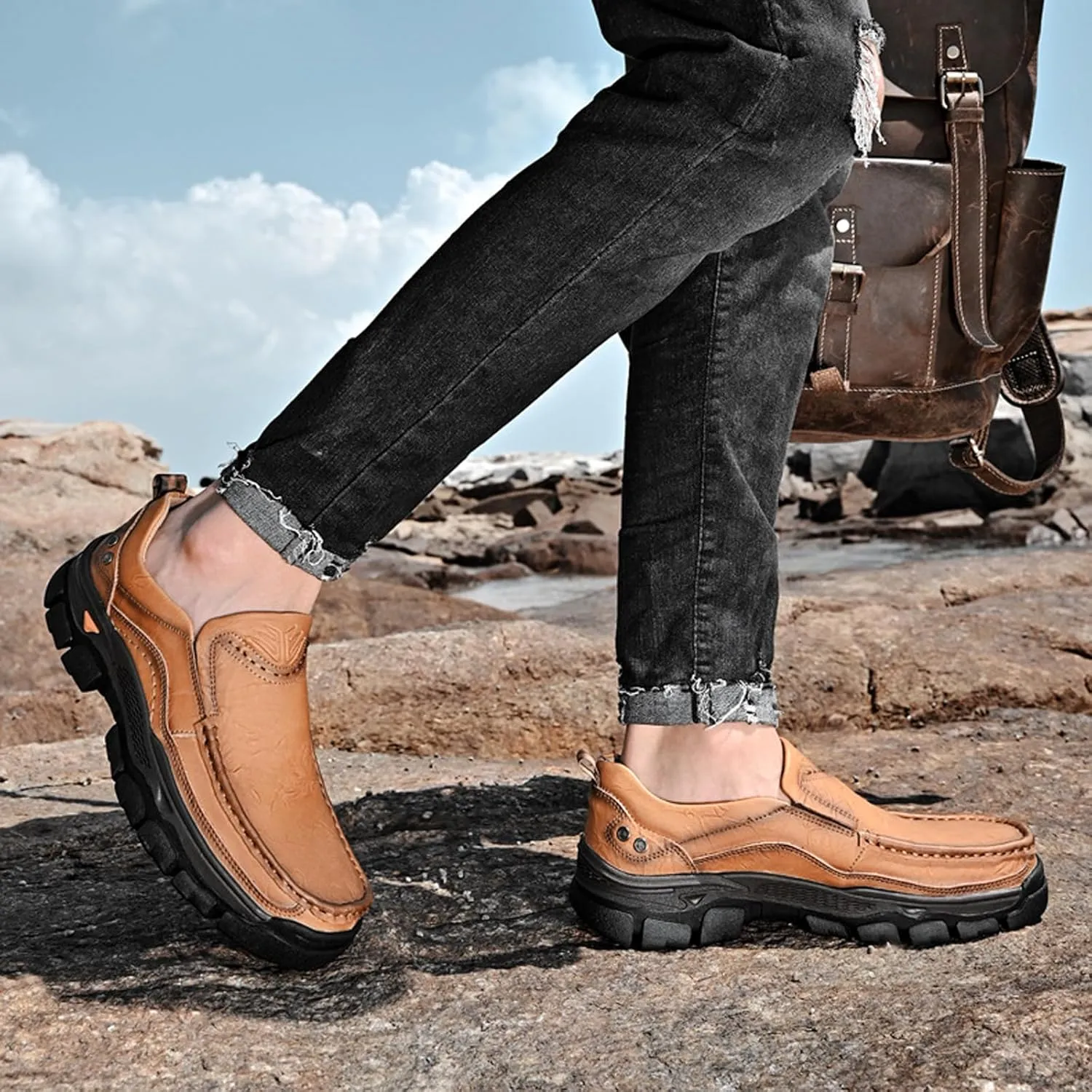 Men's Thick Bottom Slip on Leather Loafer,Hand Stitching Comfort Anti Slip Moccasins Casual Walking Shoes Outdoor Hiking Driving Work Office Dress Men Classic Leisure Sneakers