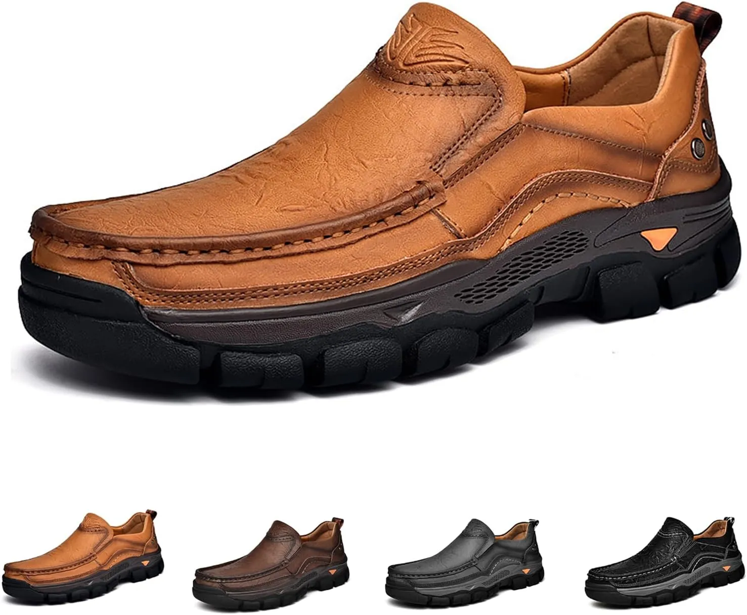 Men's Thick Bottom Slip on Leather Loafer,Hand Stitching Comfort Anti Slip Moccasins Casual Walking Shoes Outdoor Hiking Driving Work Office Dress Men Classic Leisure Sneakers
