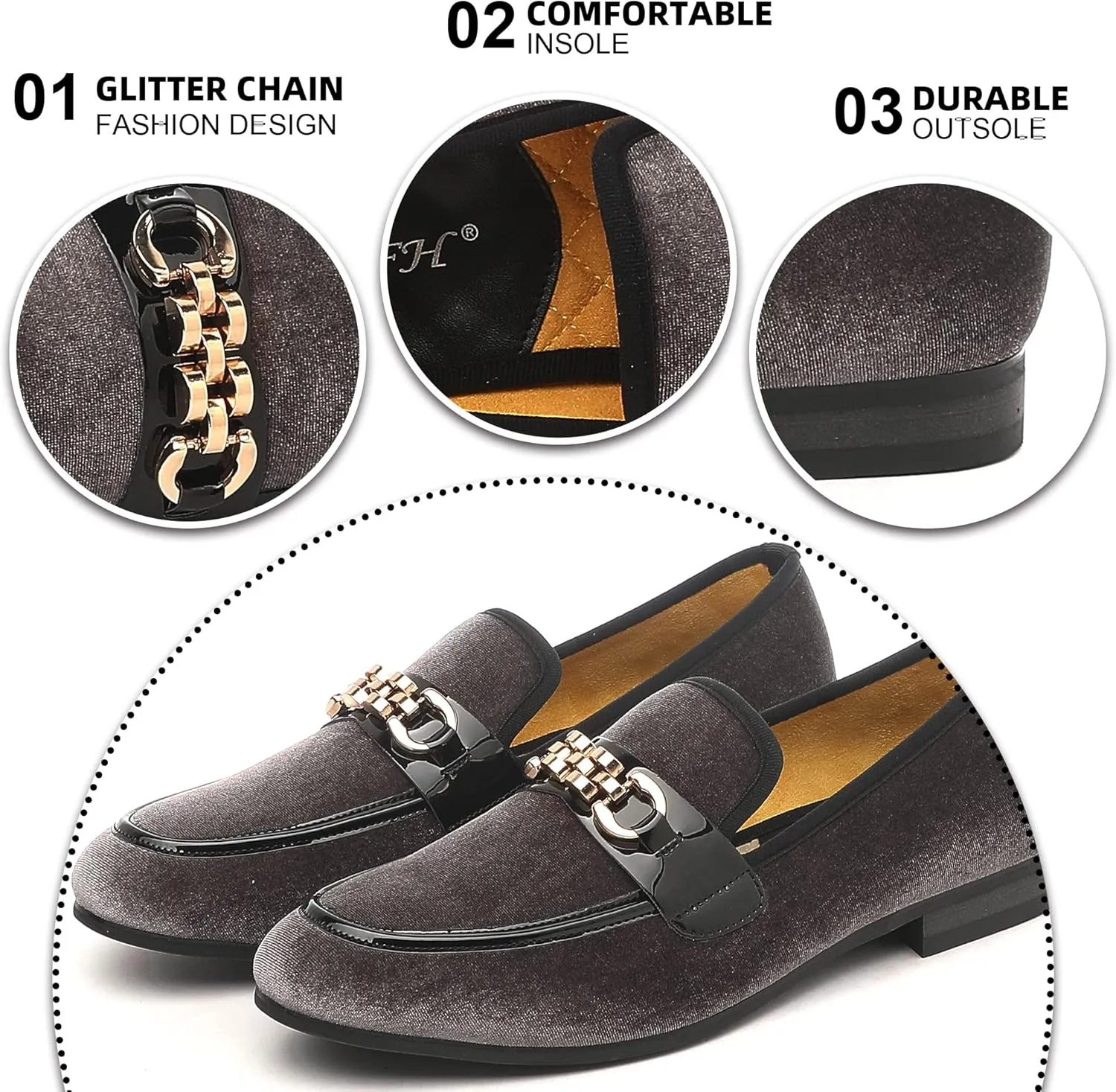 Men's Velvet Loafers,Mens Dress Shoes with Gold Chain, Slip On Flats Smoking Slippers Penny Shoes for Men