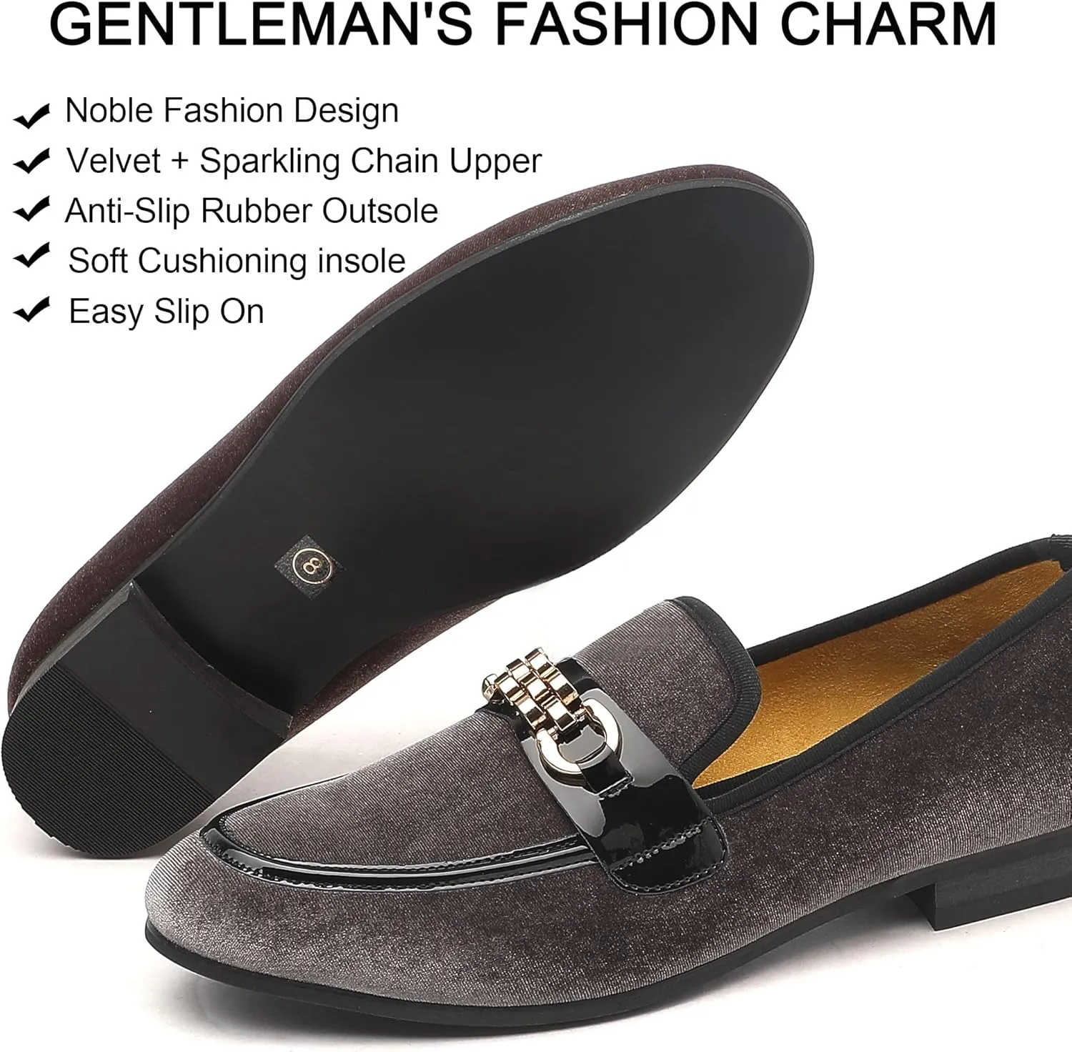 Men's Velvet Loafers,Mens Dress Shoes with Gold Chain, Slip On Flats Smoking Slippers Penny Shoes for Men