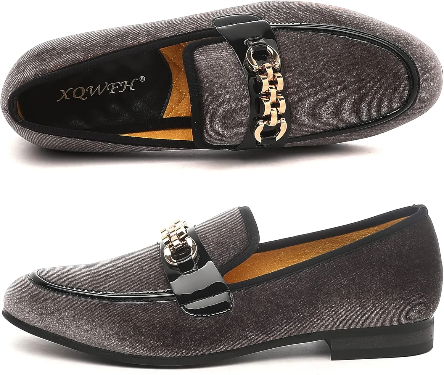 Men's Velvet Loafers,Mens Dress Shoes with Gold Chain, Slip On Flats Smoking Slippers Penny Shoes for Men