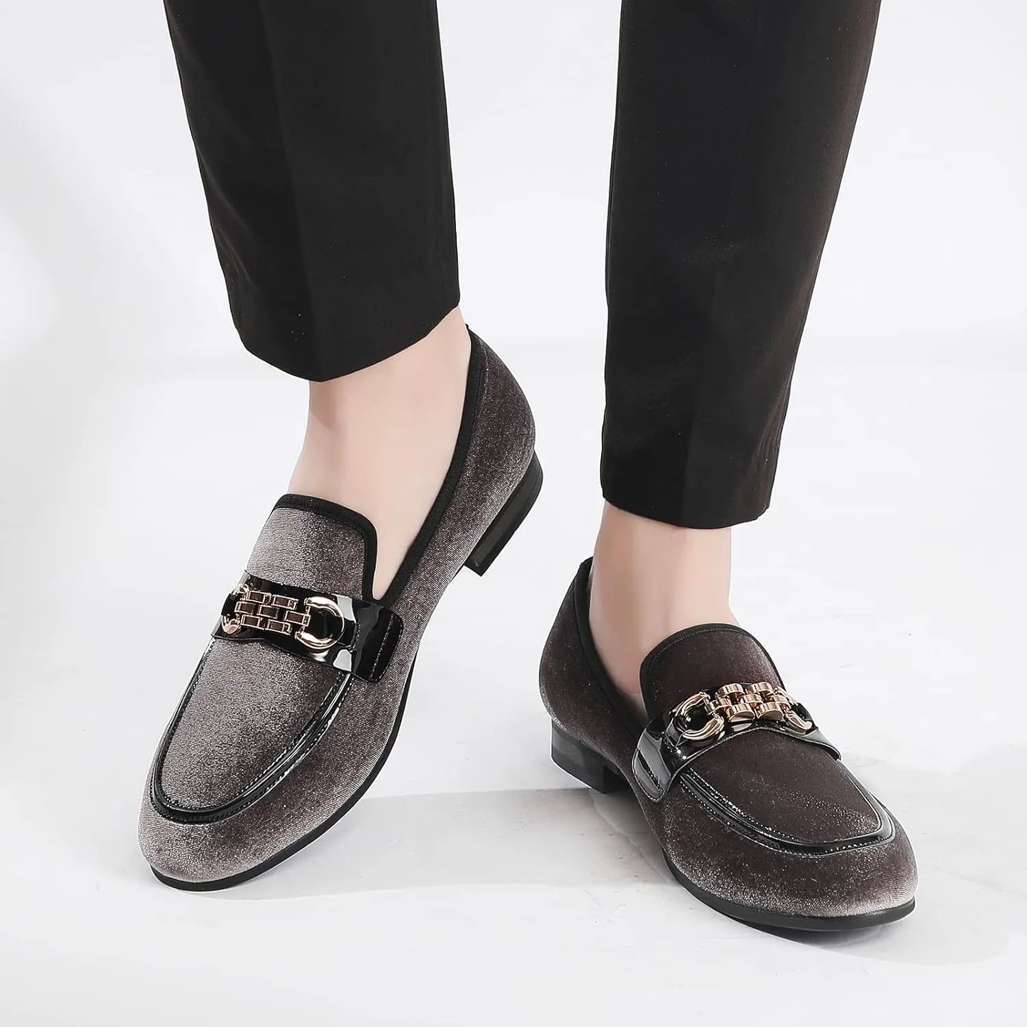 Men's Velvet Loafers,Mens Dress Shoes with Gold Chain, Slip On Flats Smoking Slippers Penny Shoes for Men