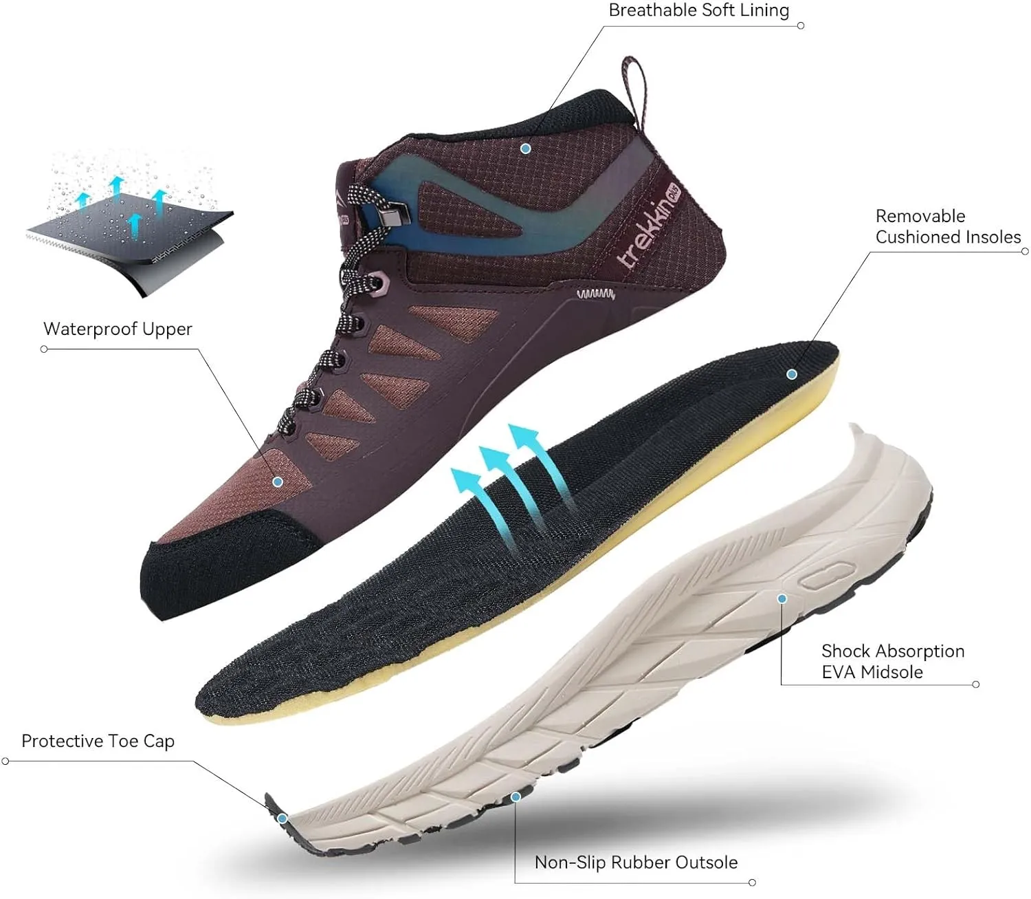 Men's Waterproof Slip Resistant Outdoor Ankle High Boots Trails Womens Relaxed Fit Lightweight Hiking Walking Casual Hunting Workout Shoes Rainproof Lace up