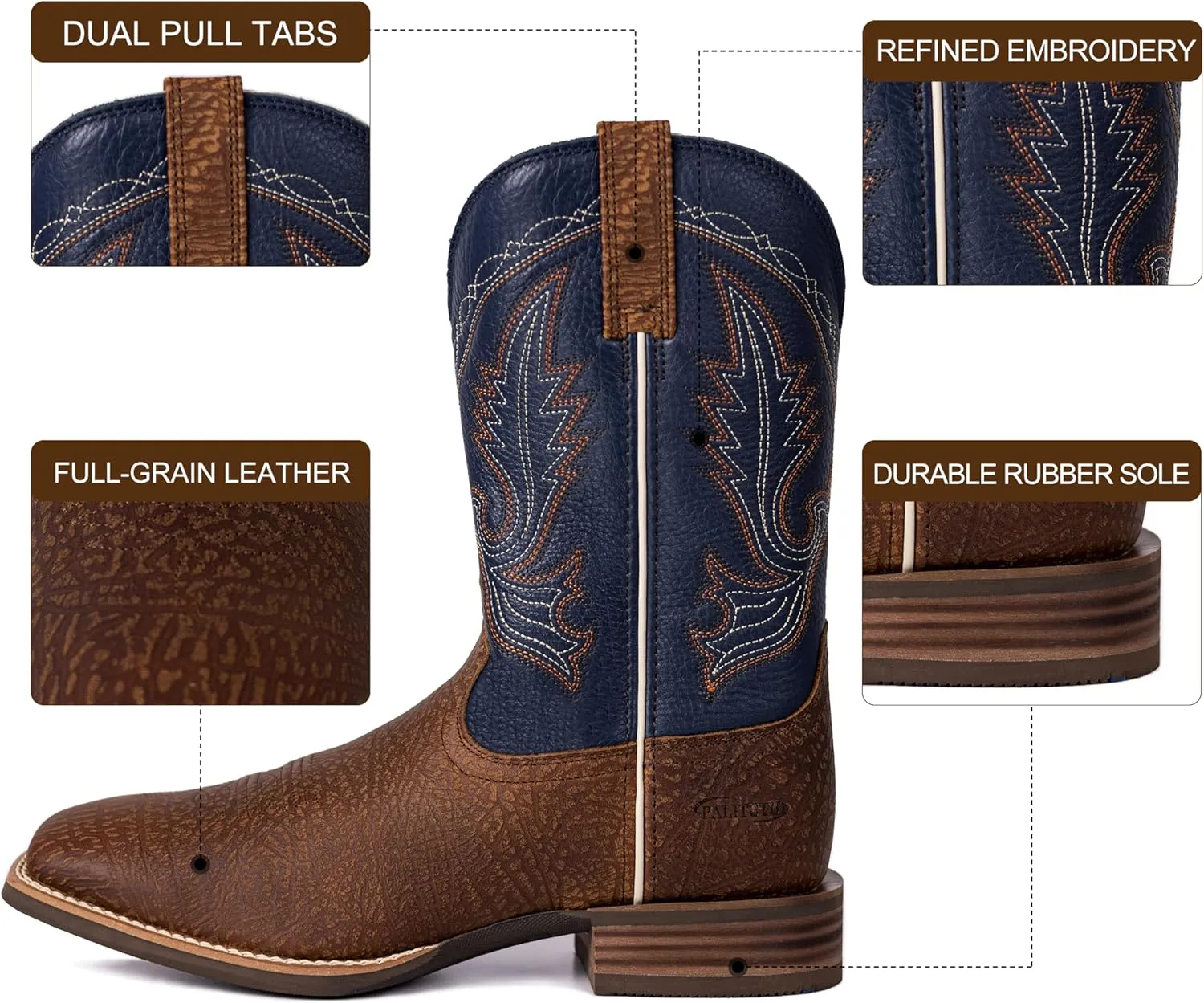 Men’s Western Cowboy Boots, Fashionable Embroidered Full Grain Leather, Square Toe Pull-On, 4-Layer Composite Sole, Slip-Resistant Work & Riding Boots