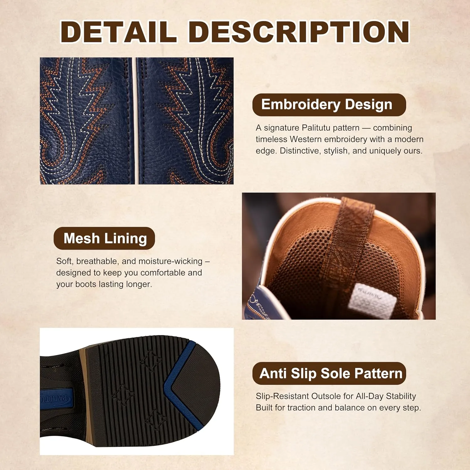 Men’s Western Cowboy Boots, Fashionable Embroidered Full Grain Leather, Square Toe Pull-On, 4-Layer Composite Sole, Slip-Resistant Work & Riding Boots