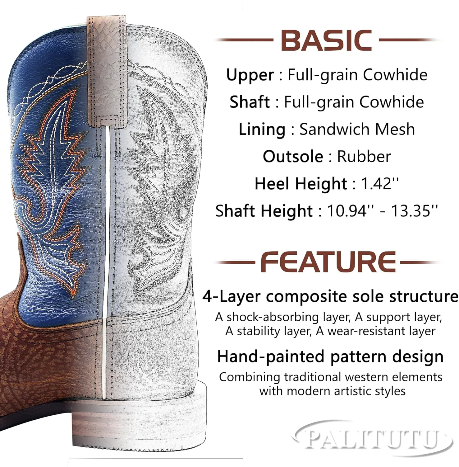 Men’s Western Cowboy Boots, Fashionable Embroidered Full Grain Leather, Square Toe Pull-On, 4-Layer Composite Sole, Slip-Resistant Work & Riding Boots
