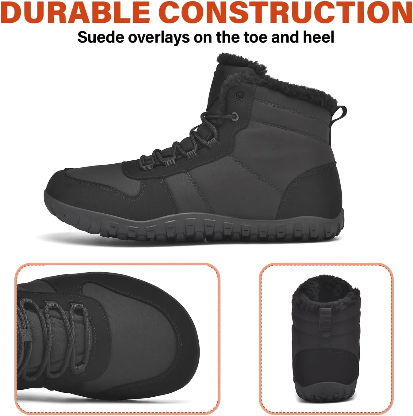 Mens Winter Barefoot Boots Insulated Warm 丨 Fur Lined Minimalist Snow Shoes 丨 Wide Toe Box   Drop Zero Sole