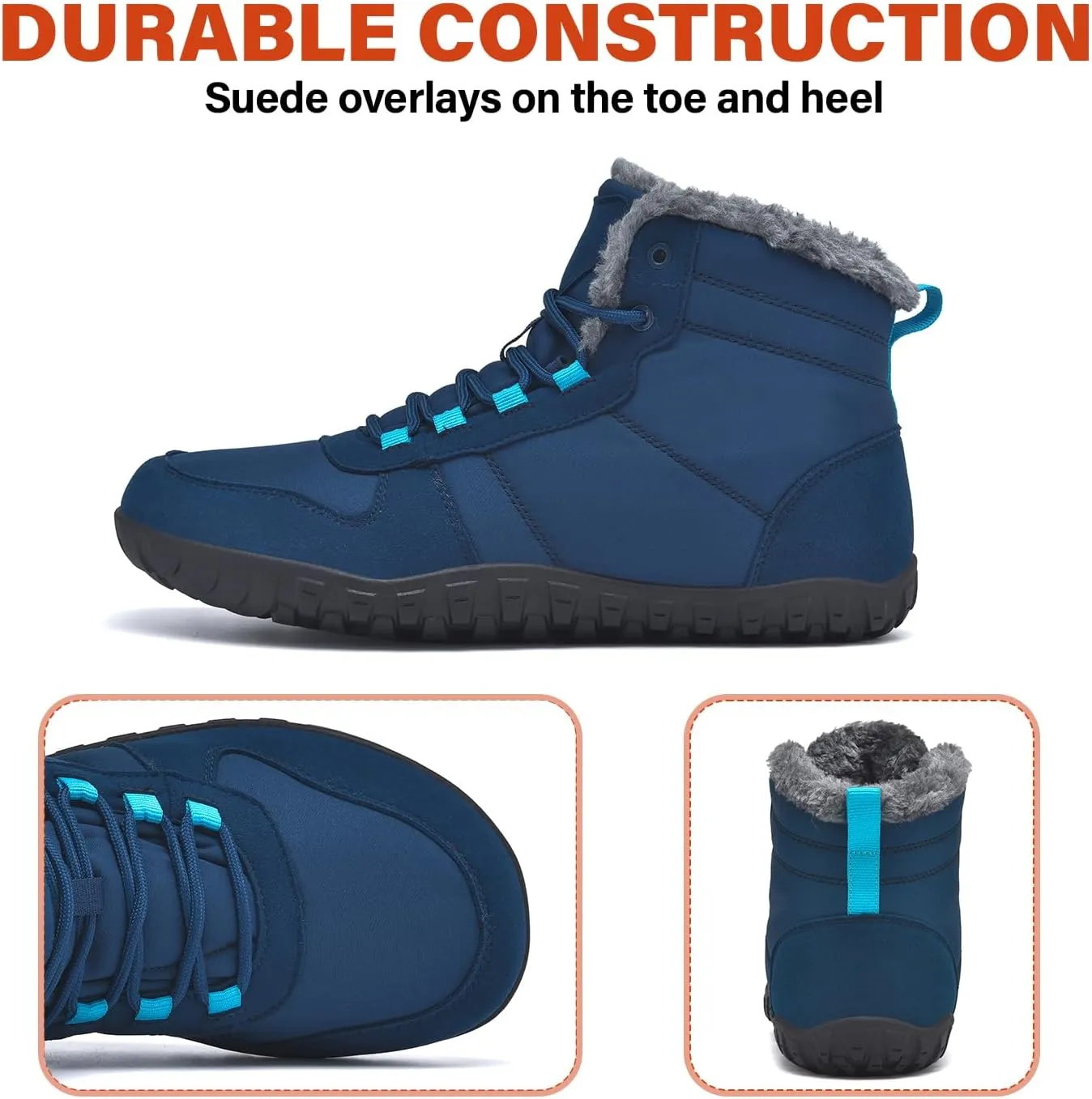 Mens Winter Barefoot Boots Insulated Warm 丨 Fur Lined Minimalist Snow Shoes 丨 Wide Toe Box   Drop Zero Sole