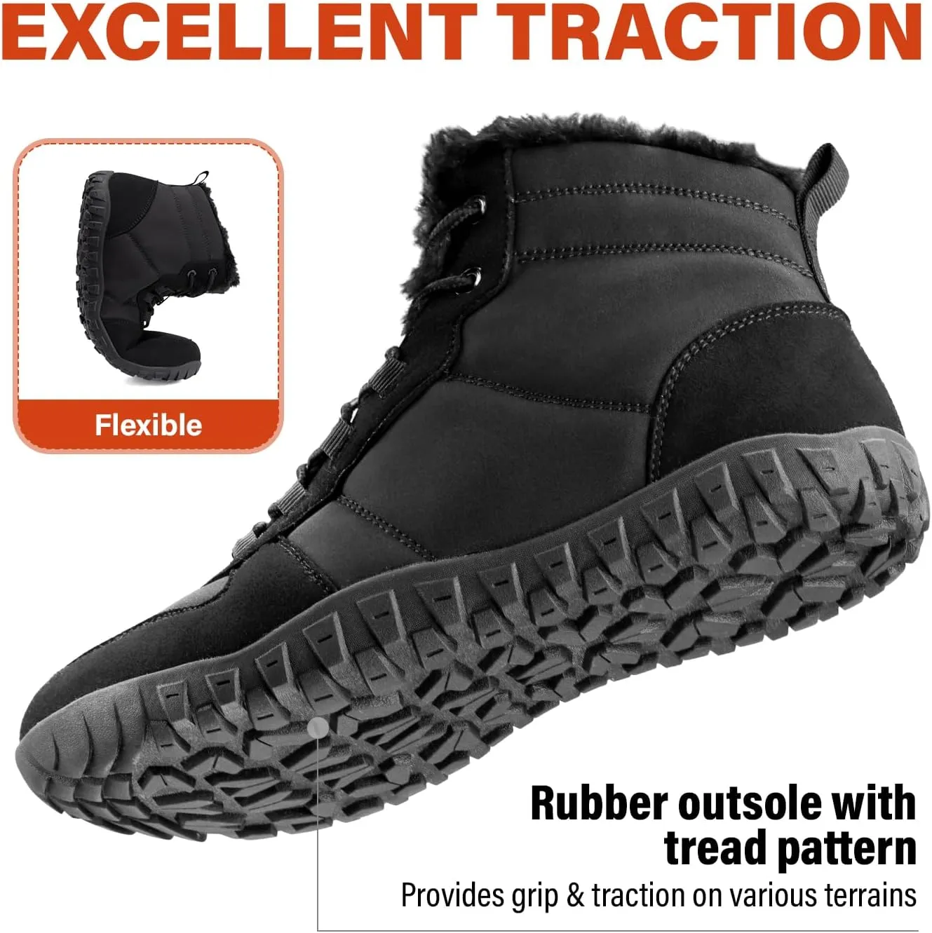 Mens Winter Barefoot Boots Insulated Warm 丨 Fur Lined Minimalist Snow Shoes 丨 Wide Toe Box   Drop Zero Sole
