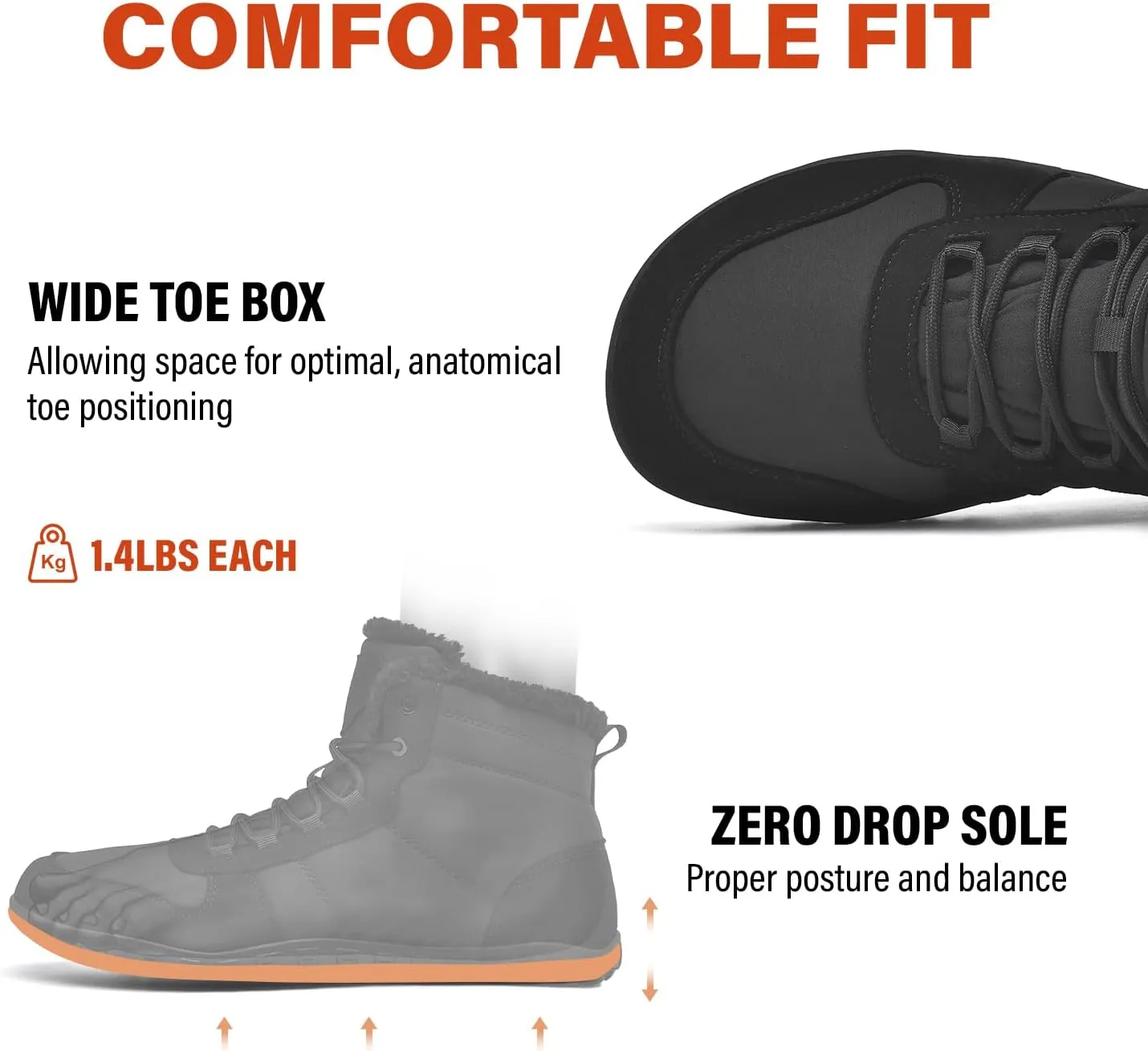 Mens Winter Barefoot Boots Insulated Warm 丨 Fur Lined Minimalist Snow Shoes 丨 Wide Toe Box   Drop Zero Sole
