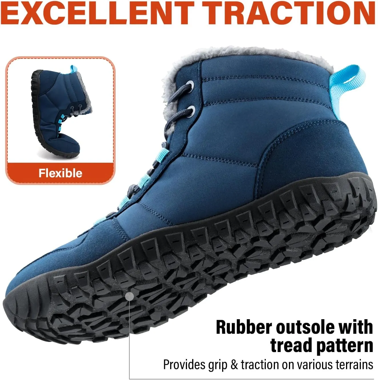Mens Winter Barefoot Boots Insulated Warm 丨 Fur Lined Minimalist Snow Shoes 丨 Wide Toe Box   Drop Zero Sole