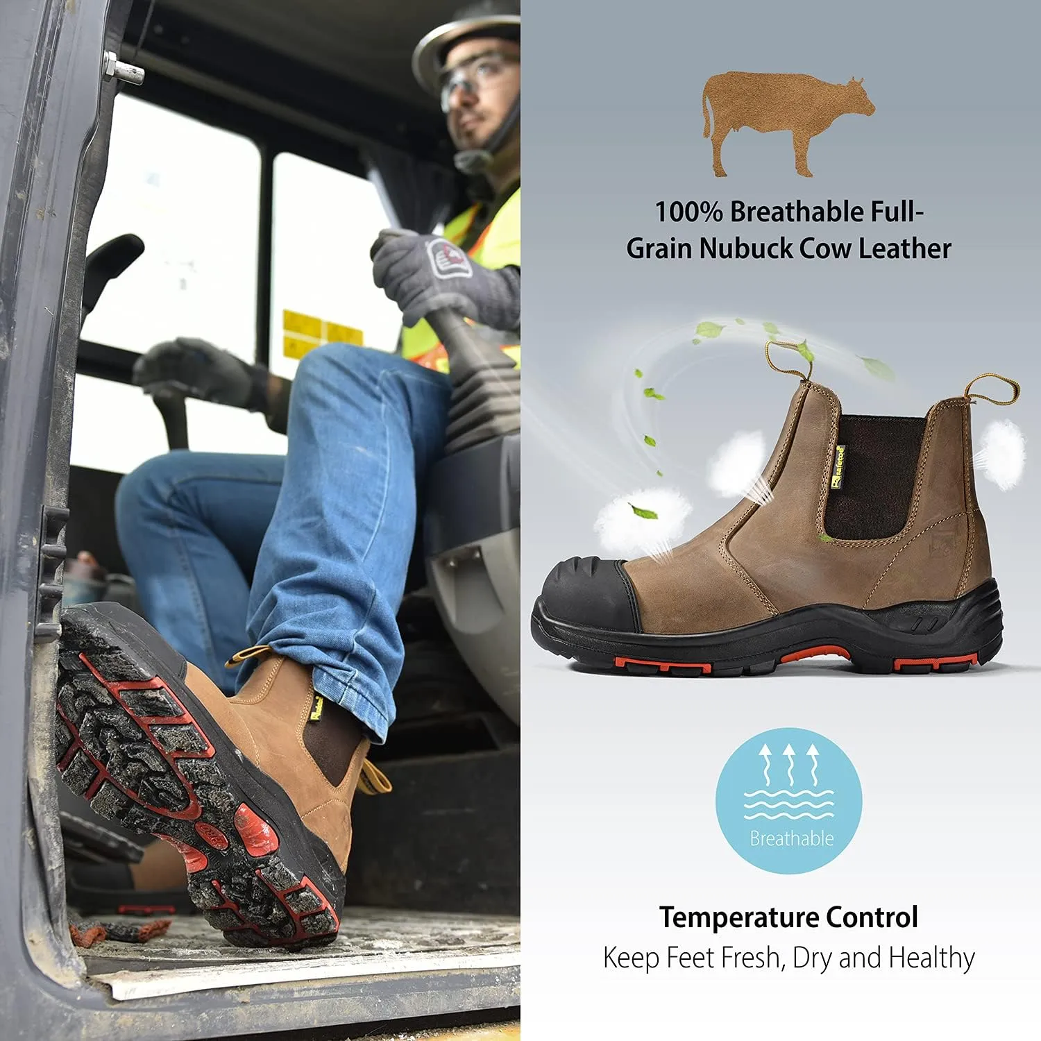 Mens Work Boots Steel Toe Chelsea Safety Boots Cow Leather Waterproof Lightweight Working Shoes