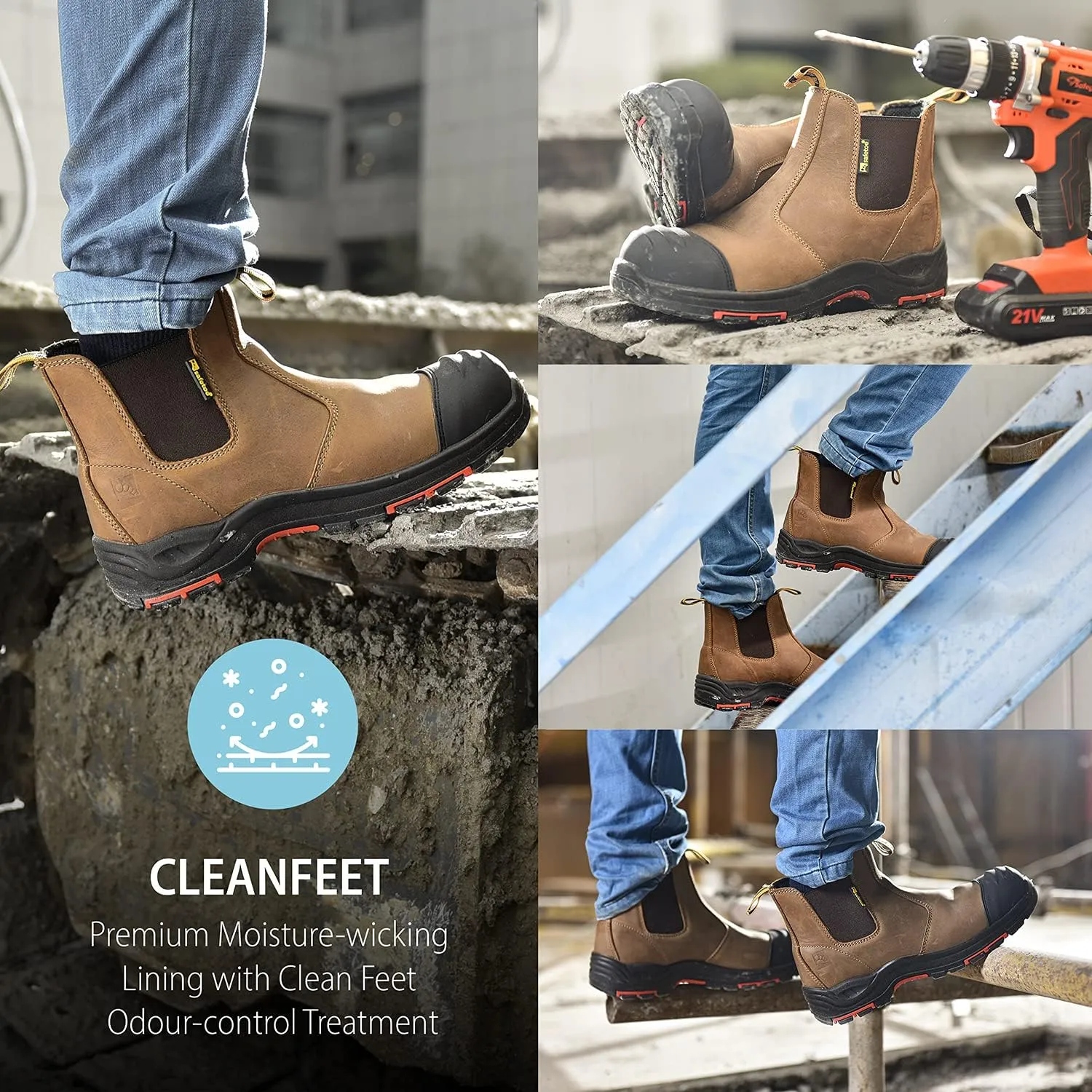 Mens Work Boots Steel Toe Chelsea Safety Boots Cow Leather Waterproof Lightweight Working Shoes