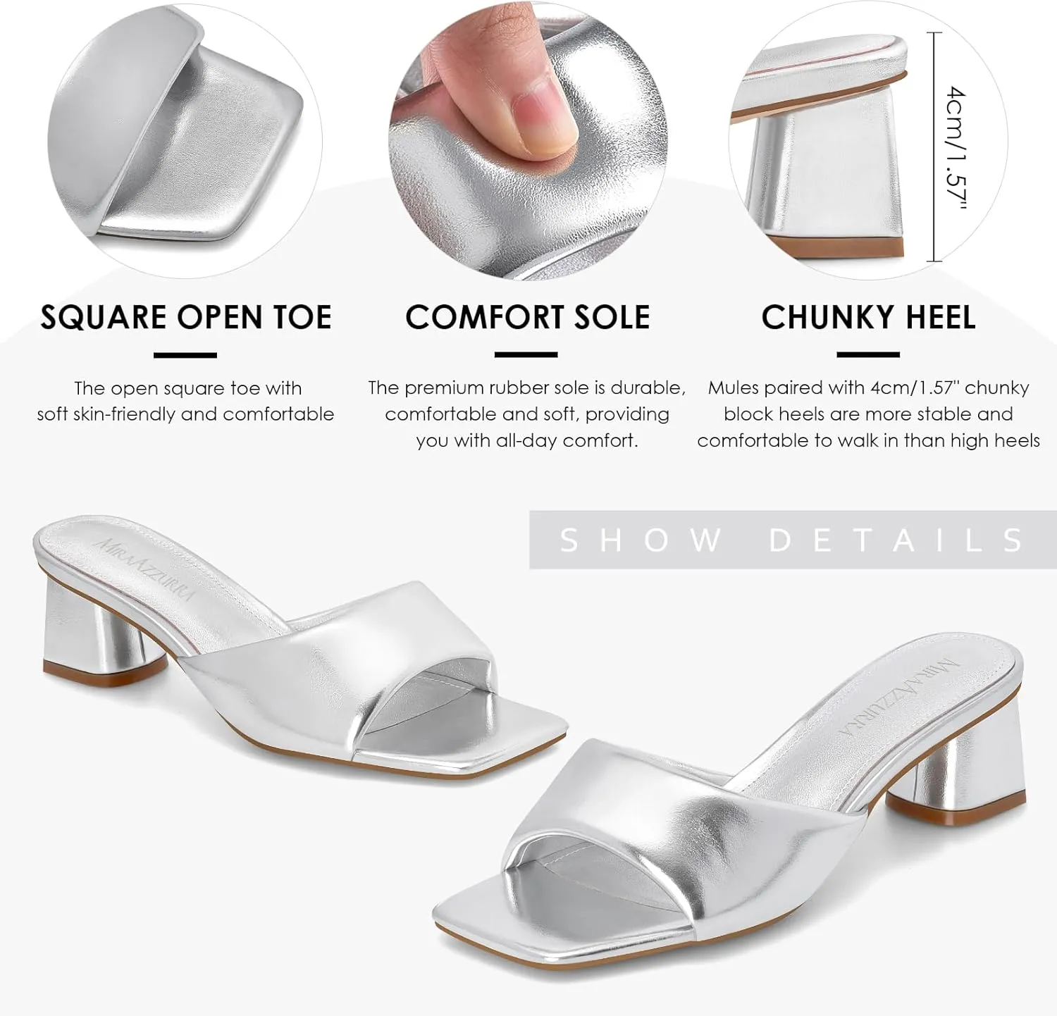 MIRAAZZURRA Heel Mules for Woman Square Open Toe Chunky Block Heel Slip on Heeled Sandals Casual Comfort Party Shoes