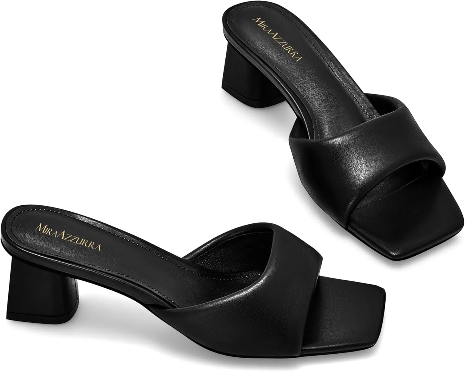 MIRAAZZURRA Heel Mules for Woman Square Open Toe Chunky Block Heel Slip on Heeled Sandals Casual Comfort Party Shoes
