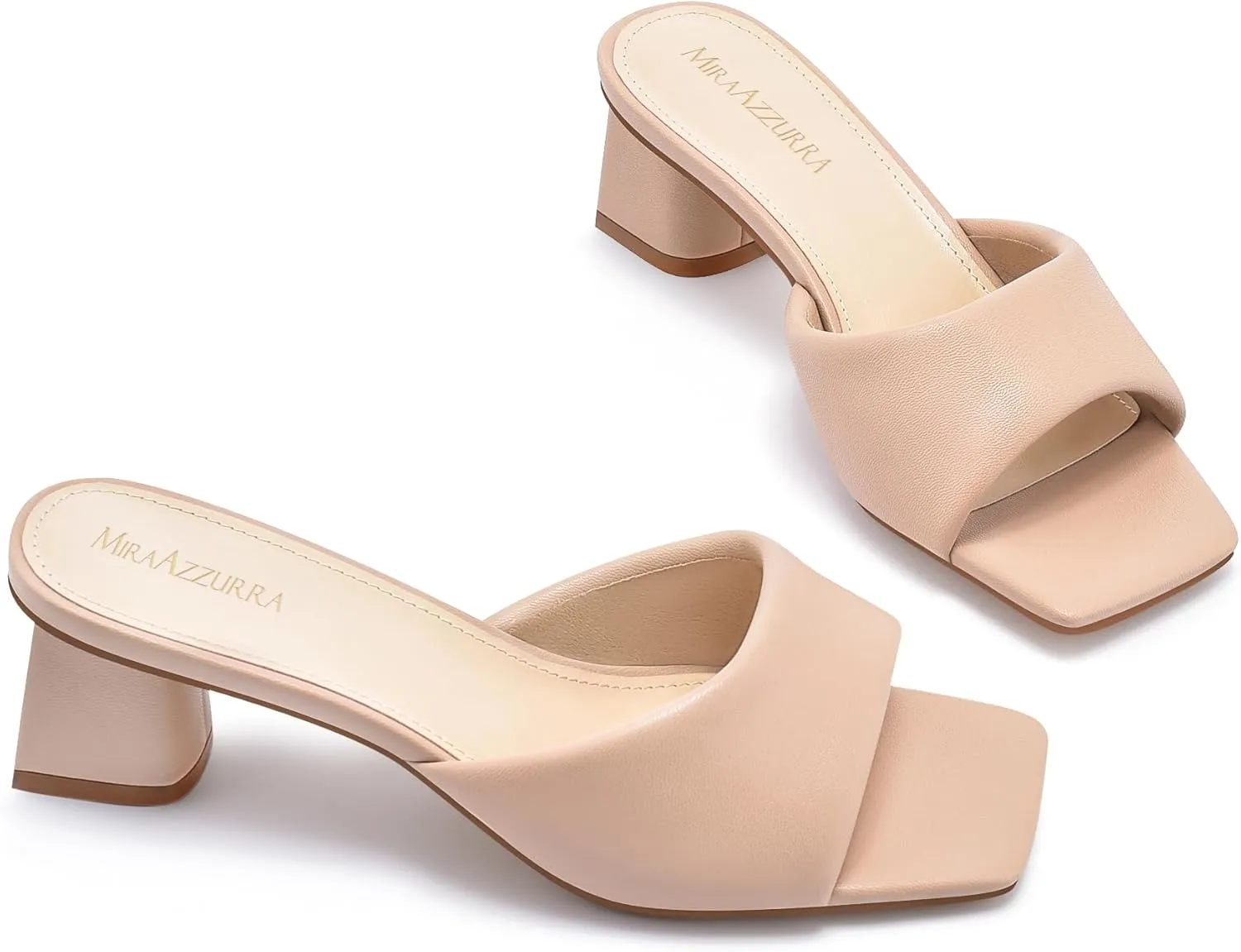 MIRAAZZURRA Heel Mules for Woman Square Open Toe Chunky Block Heel Slip on Heeled Sandals Casual Comfort Party Shoes