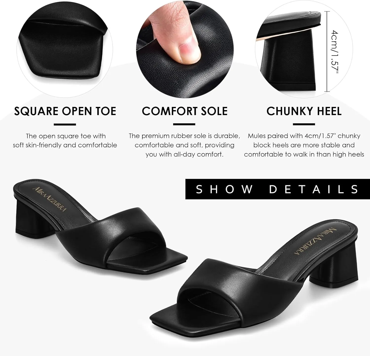 MIRAAZZURRA Heel Mules for Woman Square Open Toe Chunky Block Heel Slip on Heeled Sandals Casual Comfort Party Shoes