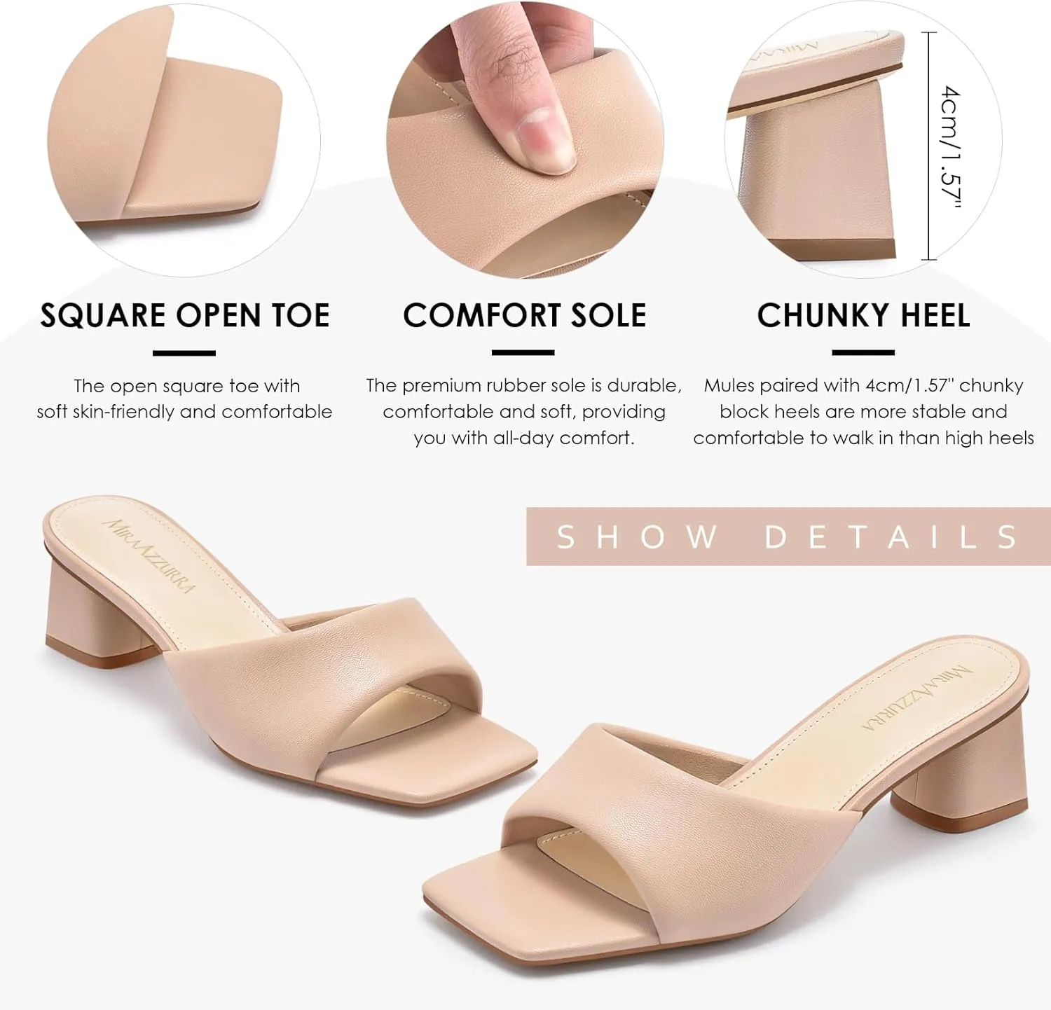 MIRAAZZURRA Heel Mules for Woman Square Open Toe Chunky Block Heel Slip on Heeled Sandals Casual Comfort Party Shoes