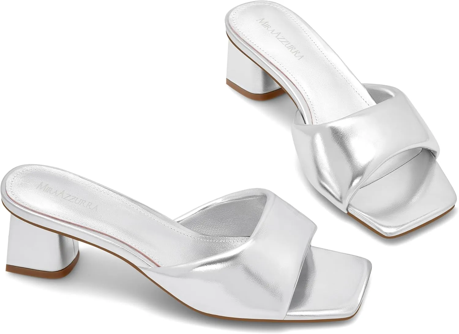 MIRAAZZURRA Heel Mules for Woman Square Open Toe Chunky Block Heel Slip on Heeled Sandals Casual Comfort Party Shoes