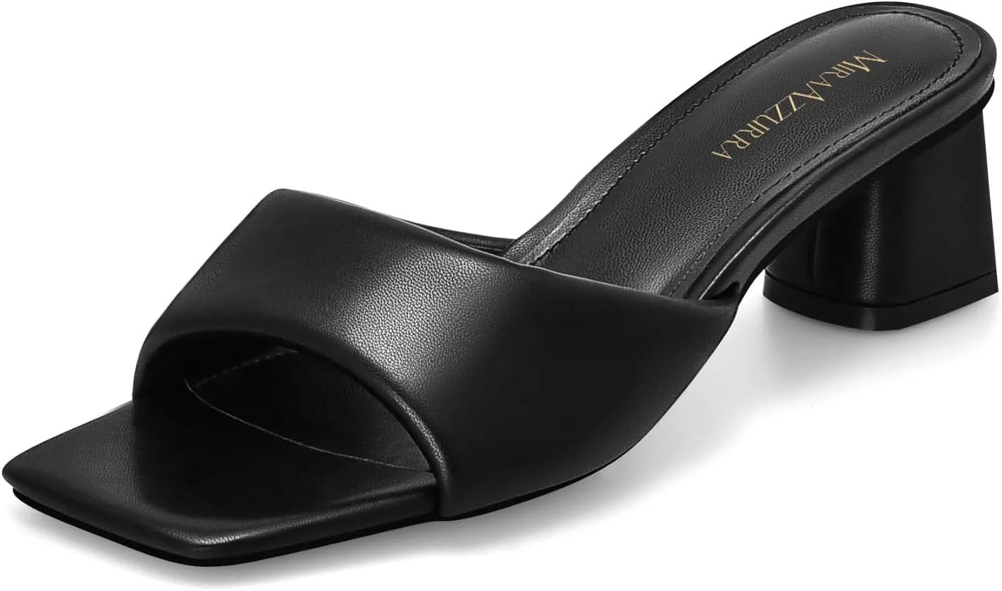 MIRAAZZURRA Heel Mules for Woman Square Open Toe Chunky Block Heel Slip on Heeled Sandals Casual Comfort Party Shoes