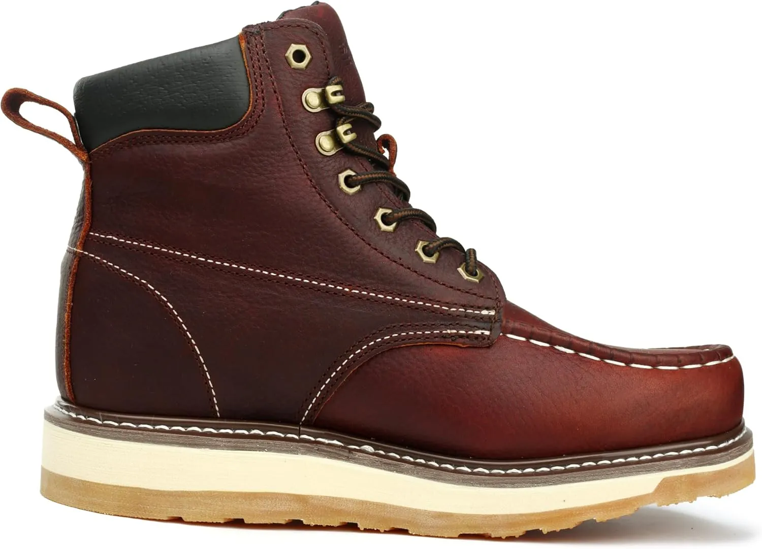 Moc Toe Work Boots for Men Soft Toe Comfortable Full Grain Leather Non Slip Wedge Outsole Construction 6" Workboots
