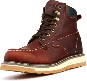 Moc Toe Work Boots for Men Soft Toe Comfortable Full Grain Leather Non Slip Wedge Outsole Construction 6" Workboots