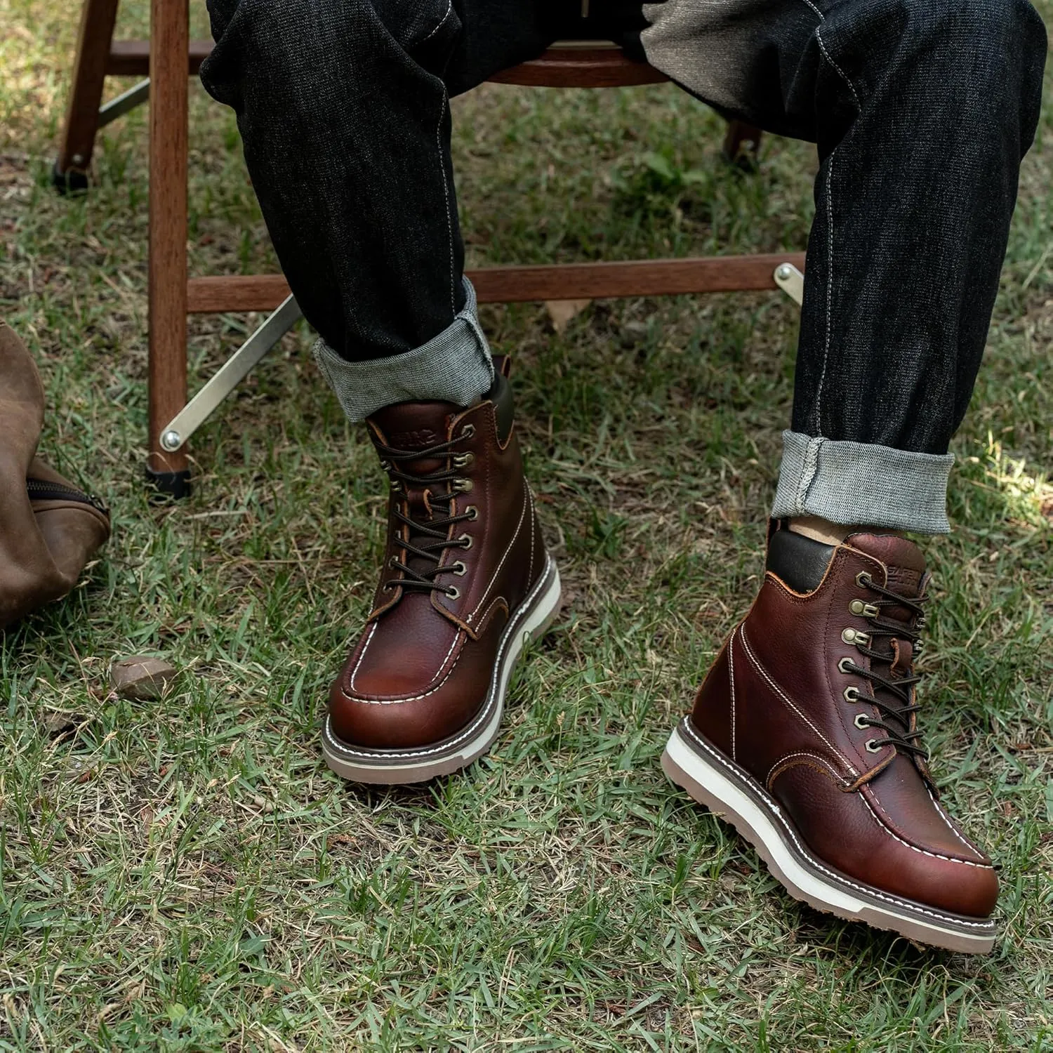 Moc Toe Work Boots for Men Soft Toe Comfortable Full Grain Leather Non Slip Wedge Outsole Construction 6" Workboots