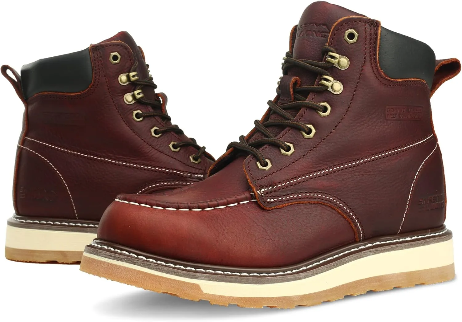 Moc Toe Work Boots for Men Soft Toe Comfortable Full Grain Leather Non Slip Wedge Outsole Construction 6" Workboots