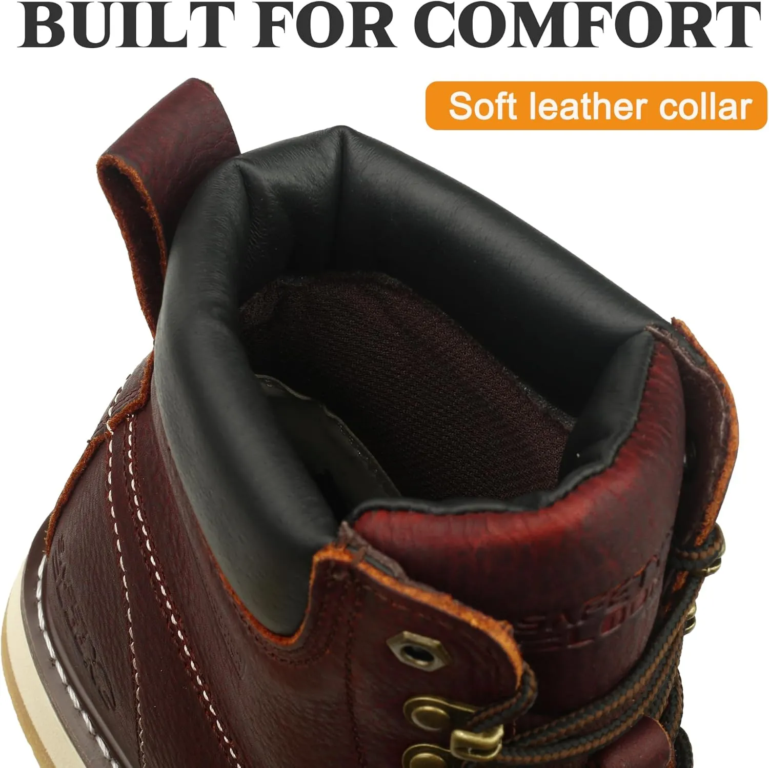 Moc Toe Work Boots for Men Soft Toe Comfortable Full Grain Leather Non Slip Wedge Outsole Construction 6" Workboots