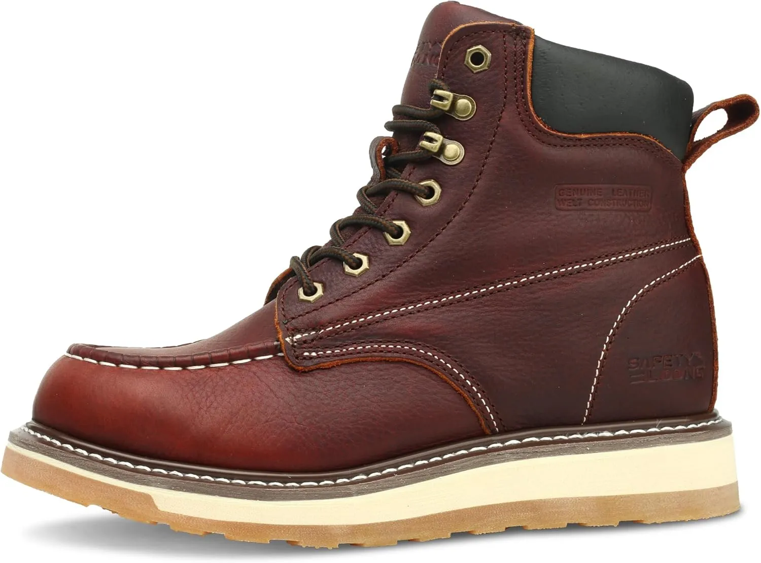 Moc Toe Work Boots for Men Soft Toe Comfortable Full Grain Leather Non Slip Wedge Outsole Construction 6" Workboots